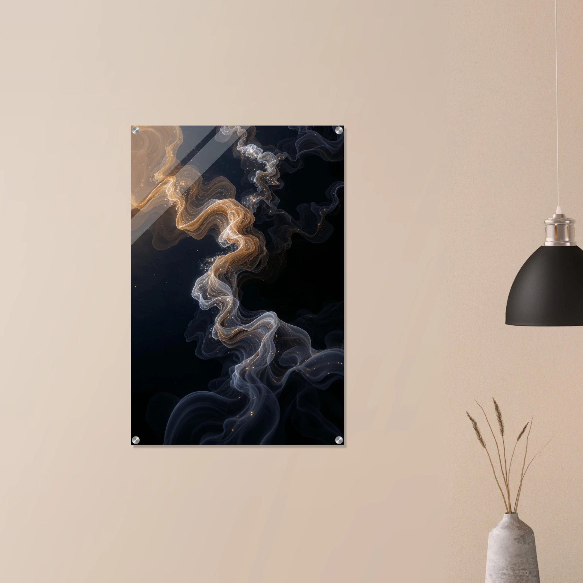 Abstract wall art of swirling smoke on a dark background, hanging on a beige wall.