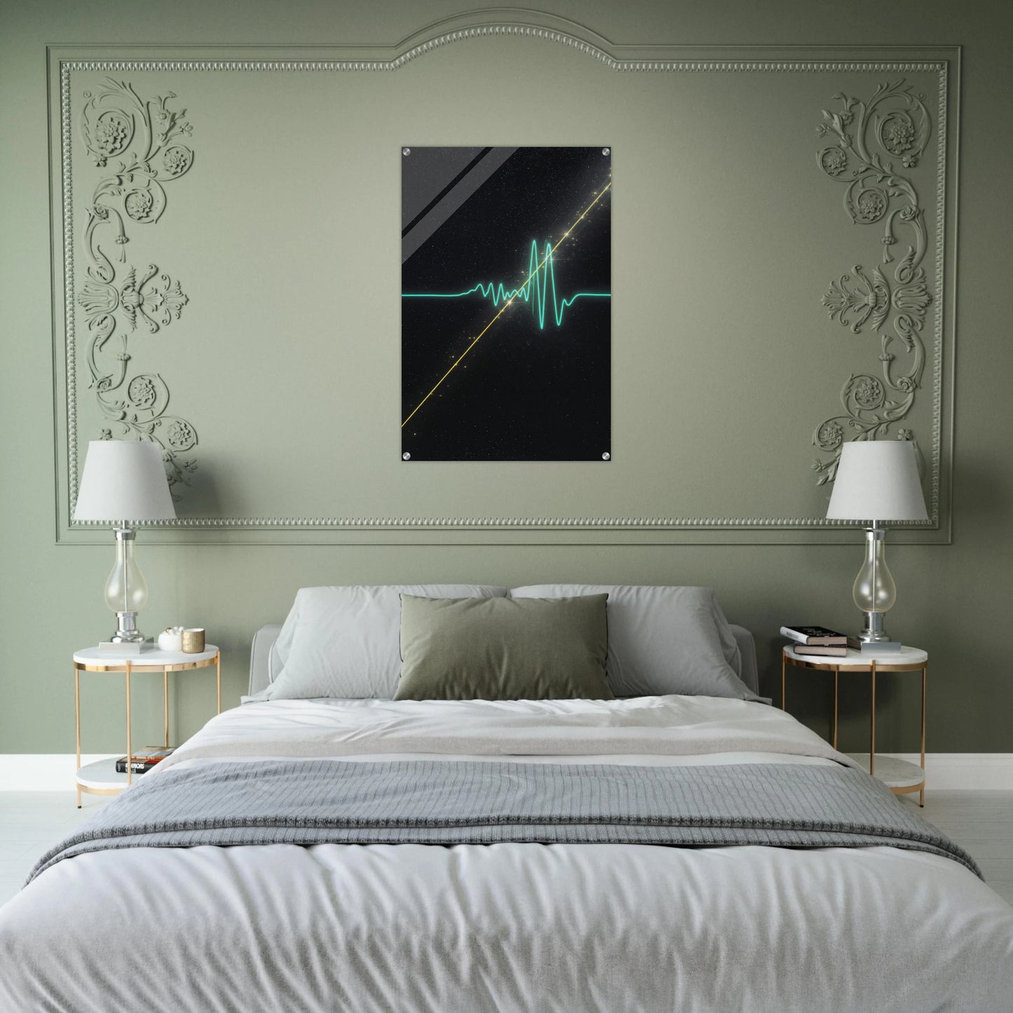 Bedroom with a decorative headboard featuring a modern art piece.