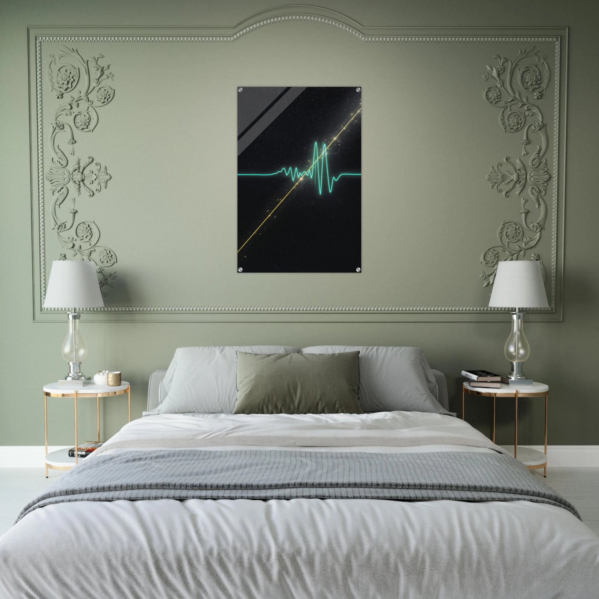 Bedroom with a decorative headboard featuring a modern art piece.