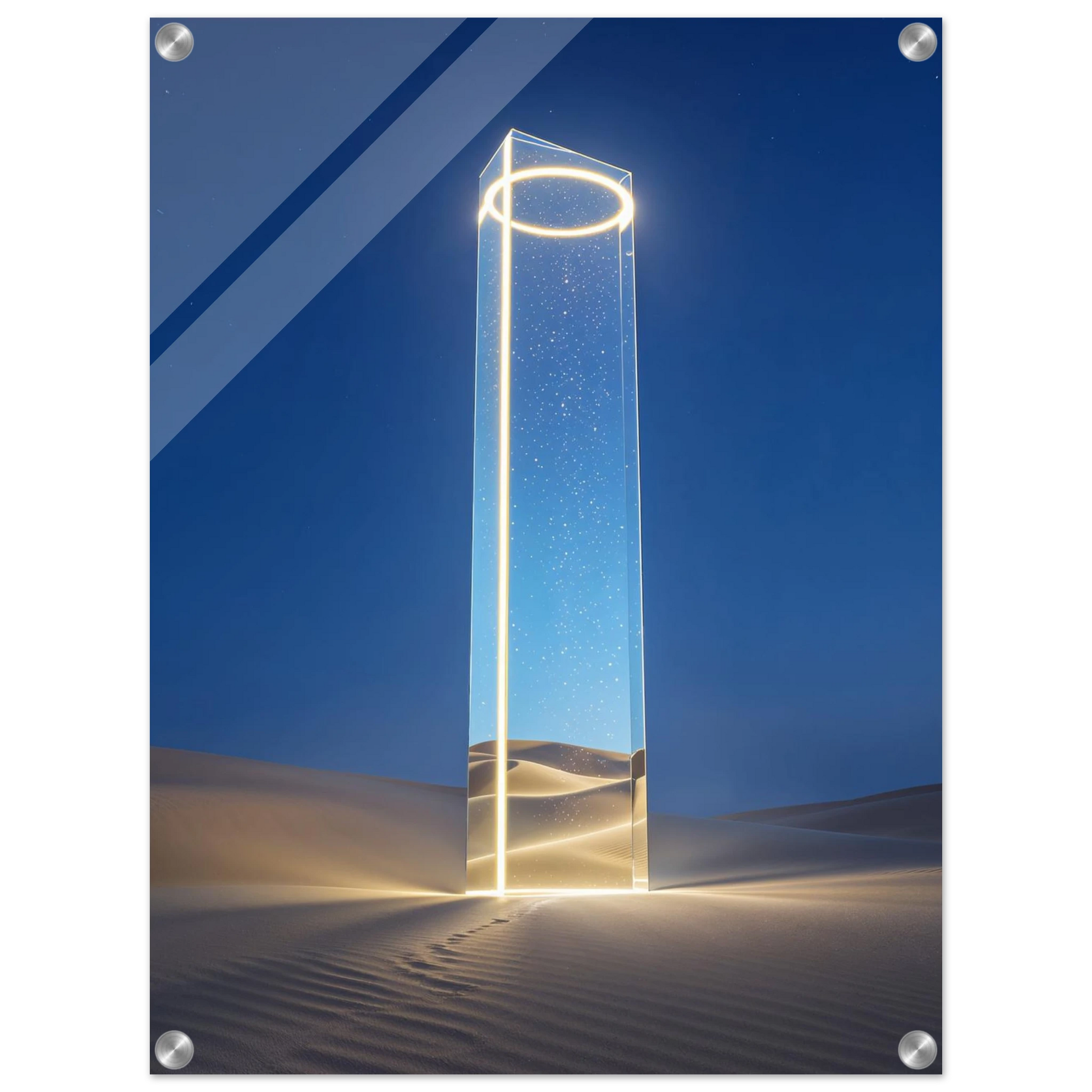 Futuristic glass structure with a glowing ring in a desert setting