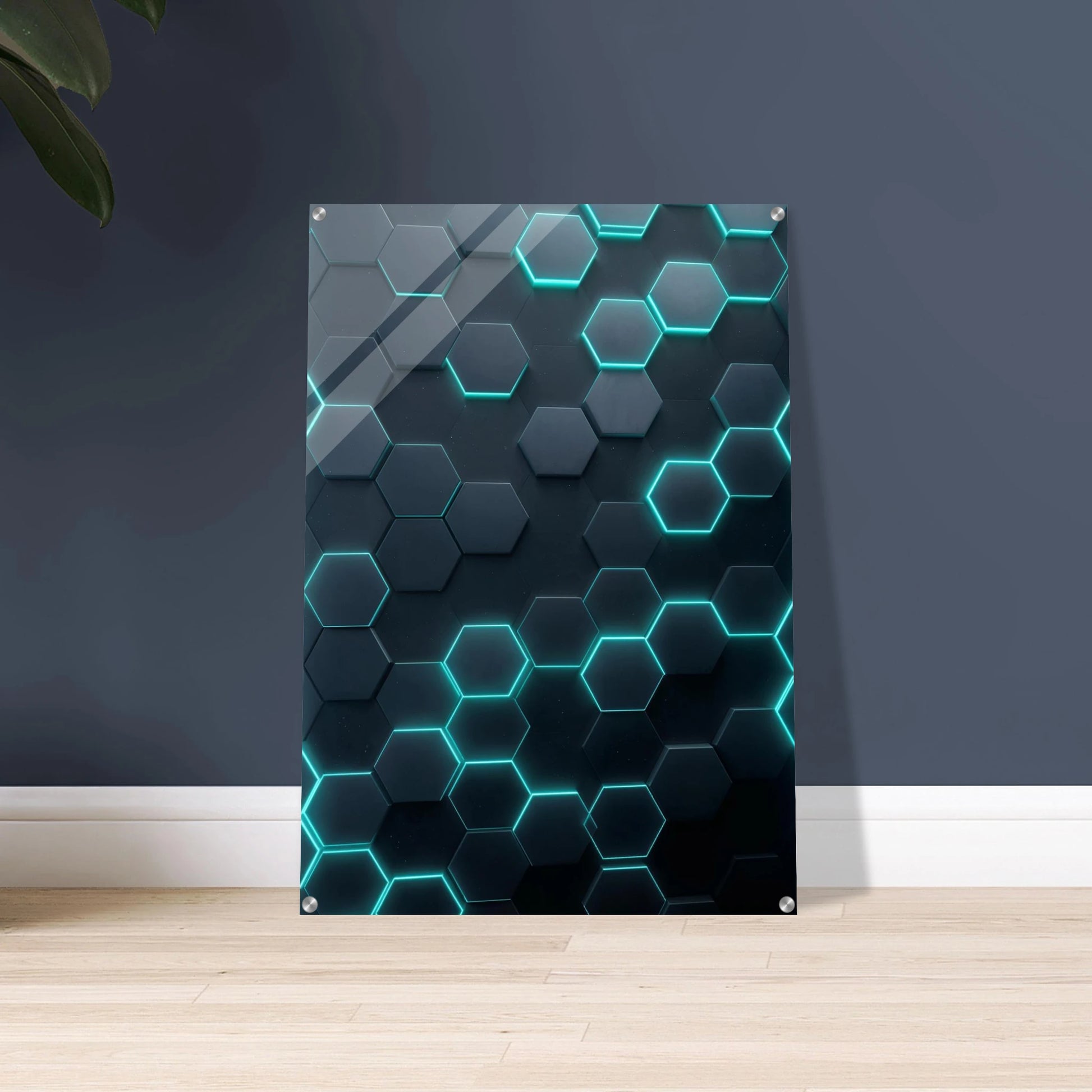 Modern wall art with geometric design on a dark background