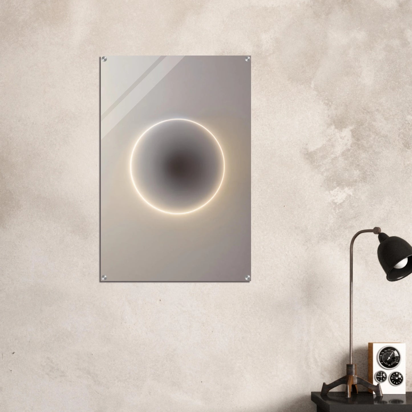 Modern wall art piece with a circular design on a textured wall.