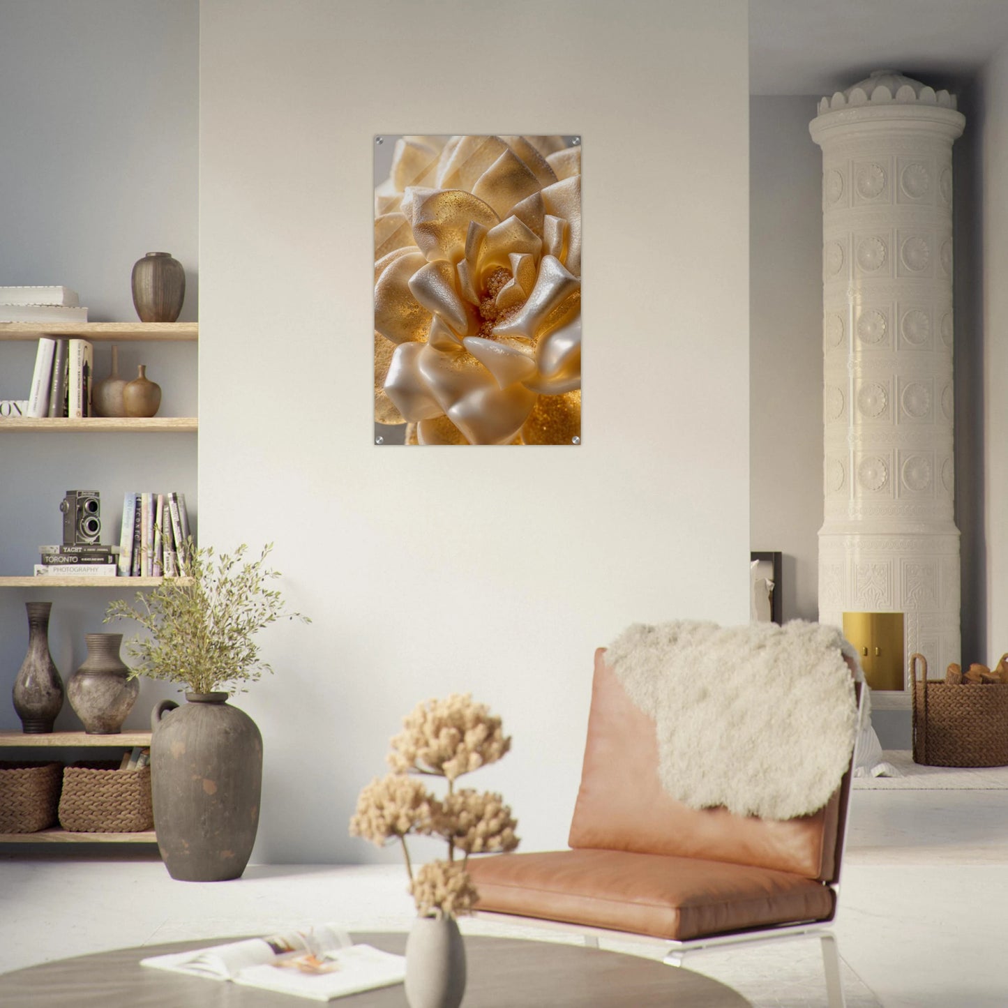 Modern living room with a brown leather chair, decorative plants, and a wall art piece.