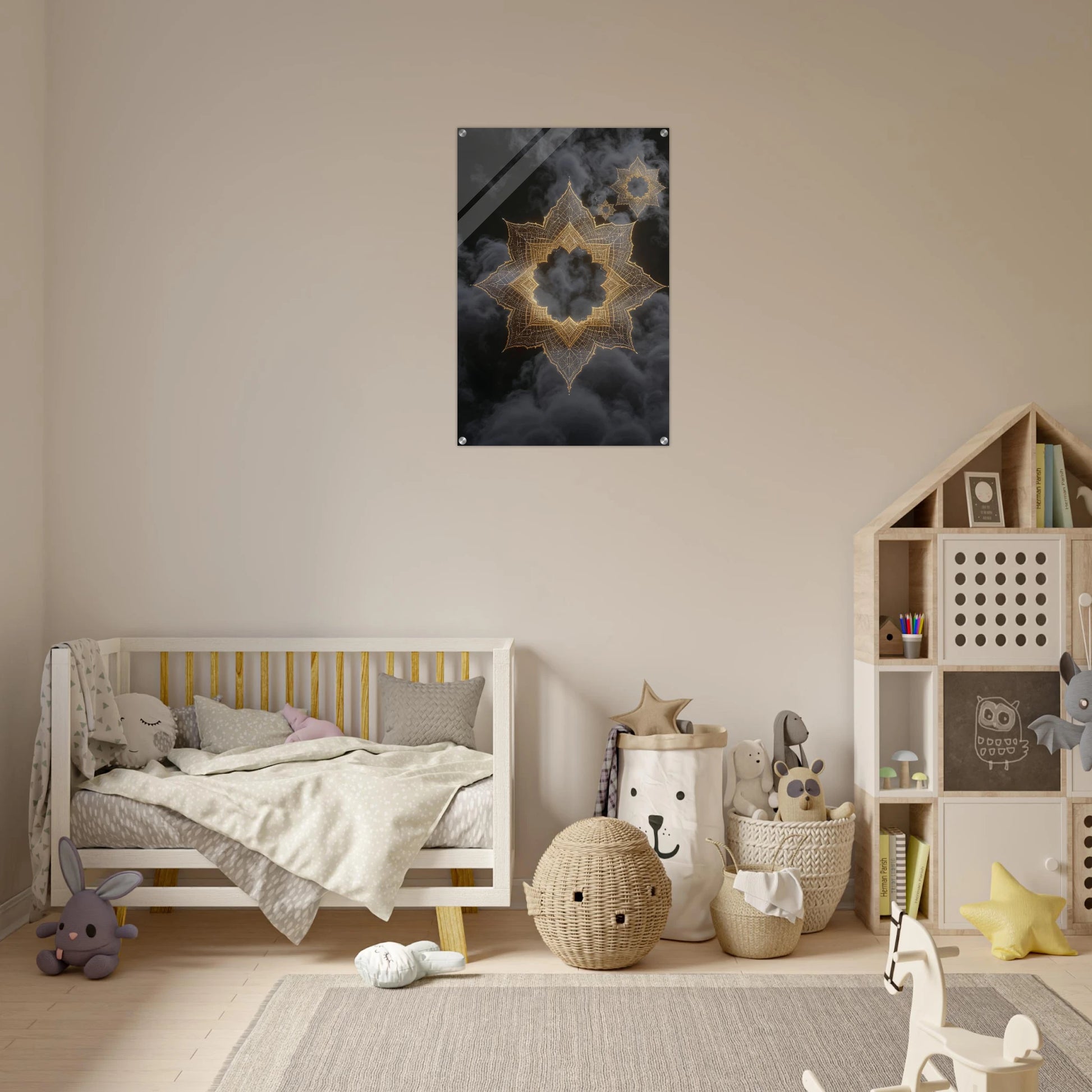 Children's room with a bed, toys, and a decorative wall poster.