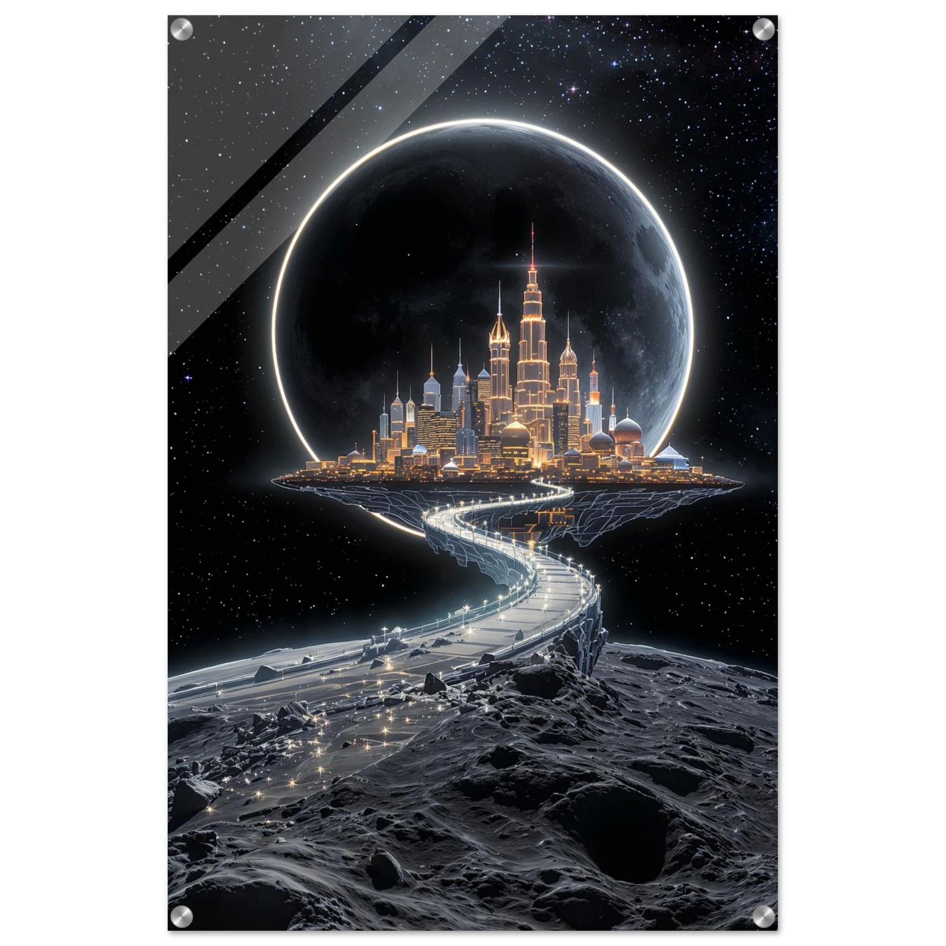Futuristic cityscape on a moon with a large planet in the background