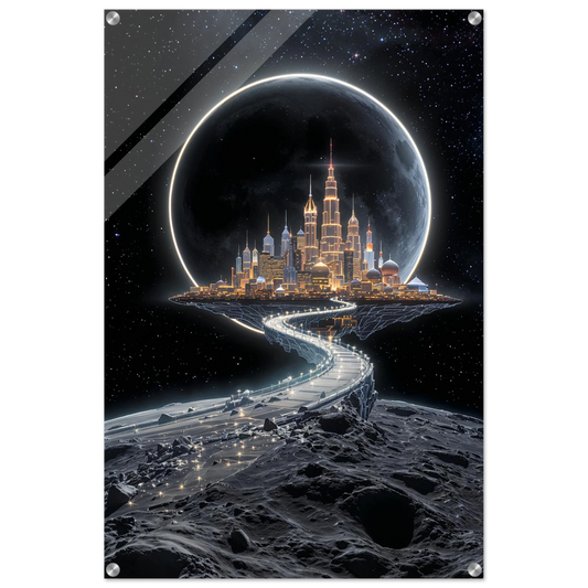 Futuristic cityscape on a moon with a large planet in the background