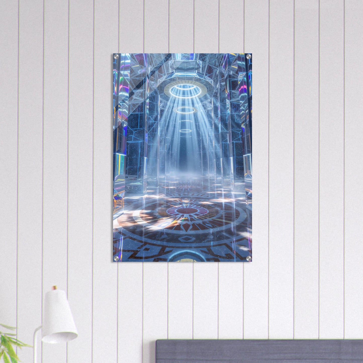 Decorative art with a blue and purple design on a white wall.