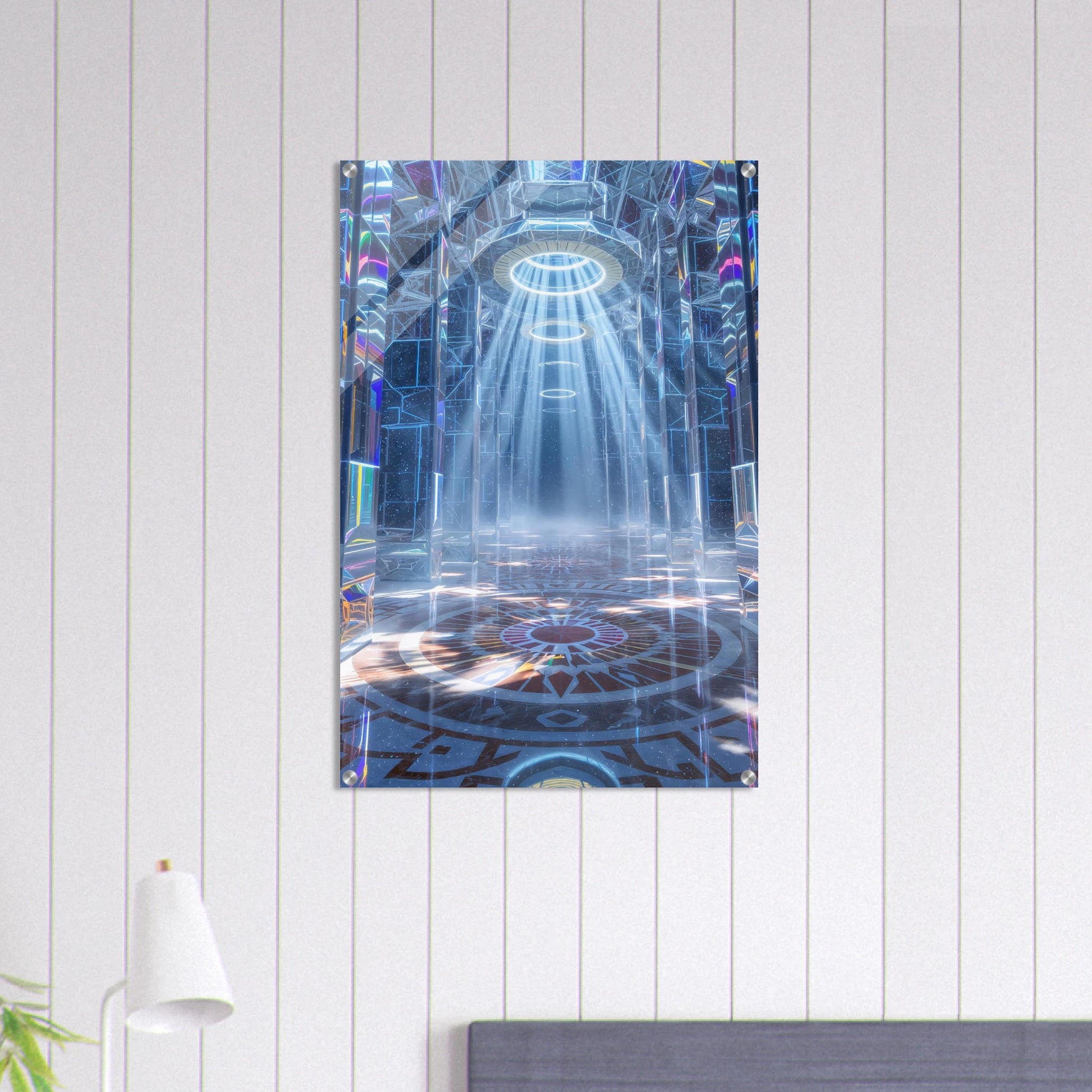 Decorative art with a blue and purple design on a white wall.