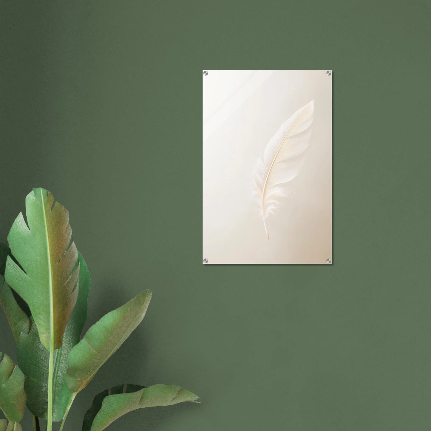 Decorative wall art with a feather on a beige background, mounted on a green wall with a plant to the left.
