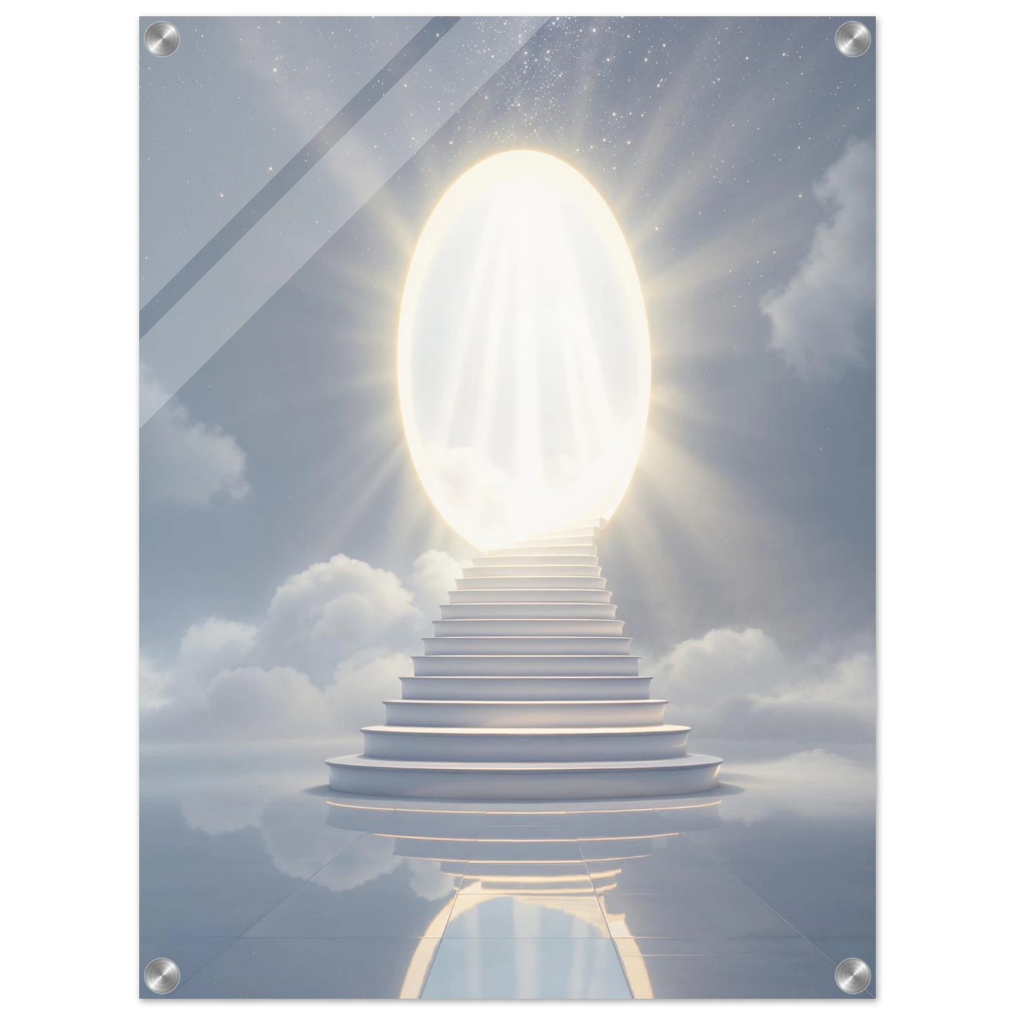 Staircase leading to a bright light in the clouds