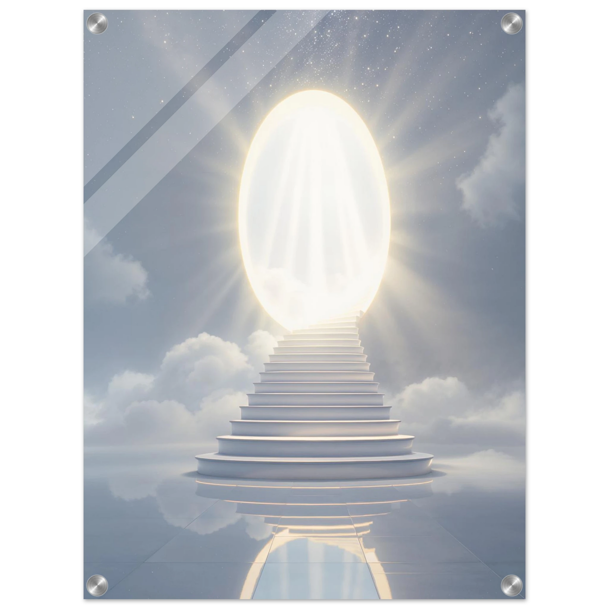 Staircase leading to a bright light in the clouds