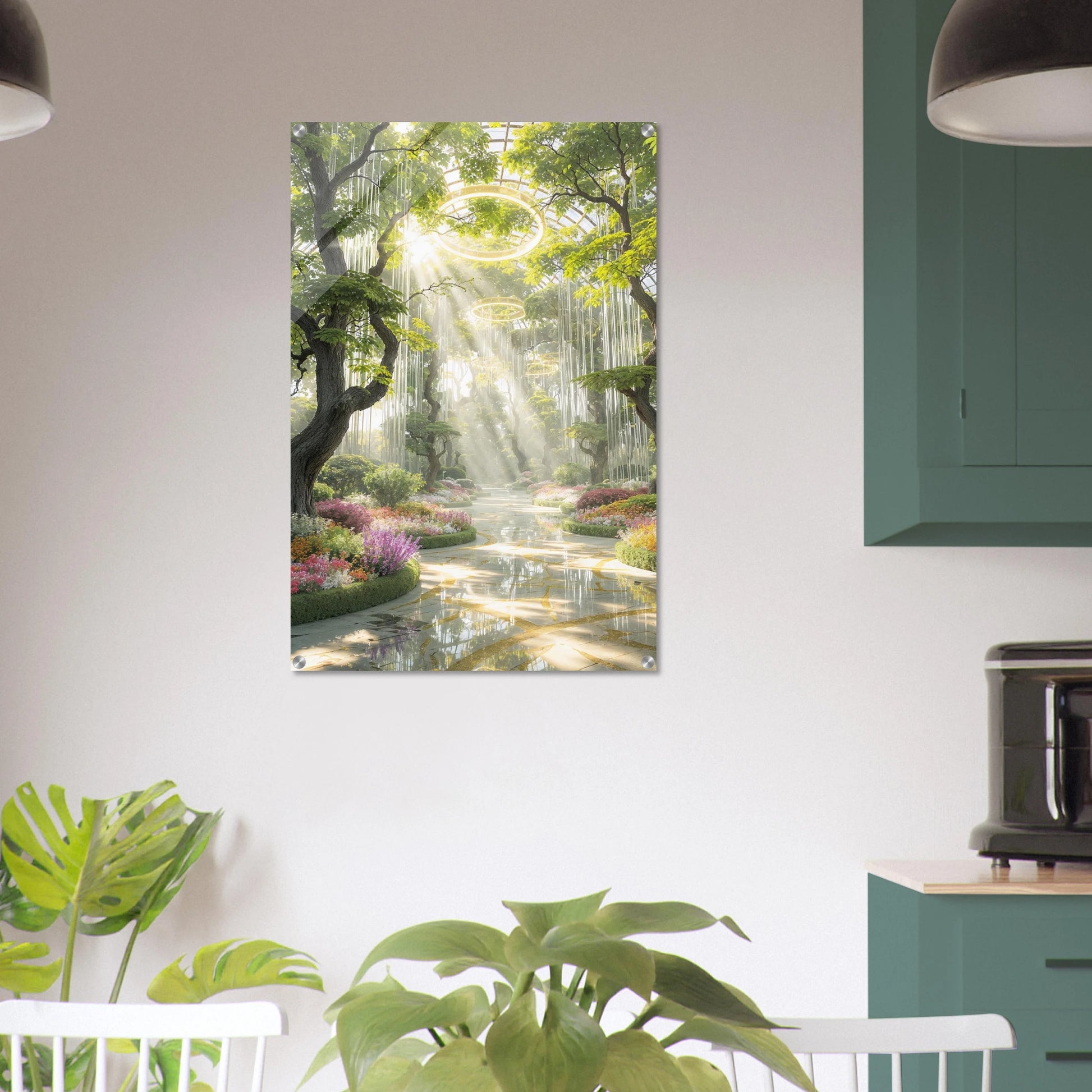 Canvas print of a forest scene with sunlight filtering through trees, hanging on a wall in a room with plants and furniture.