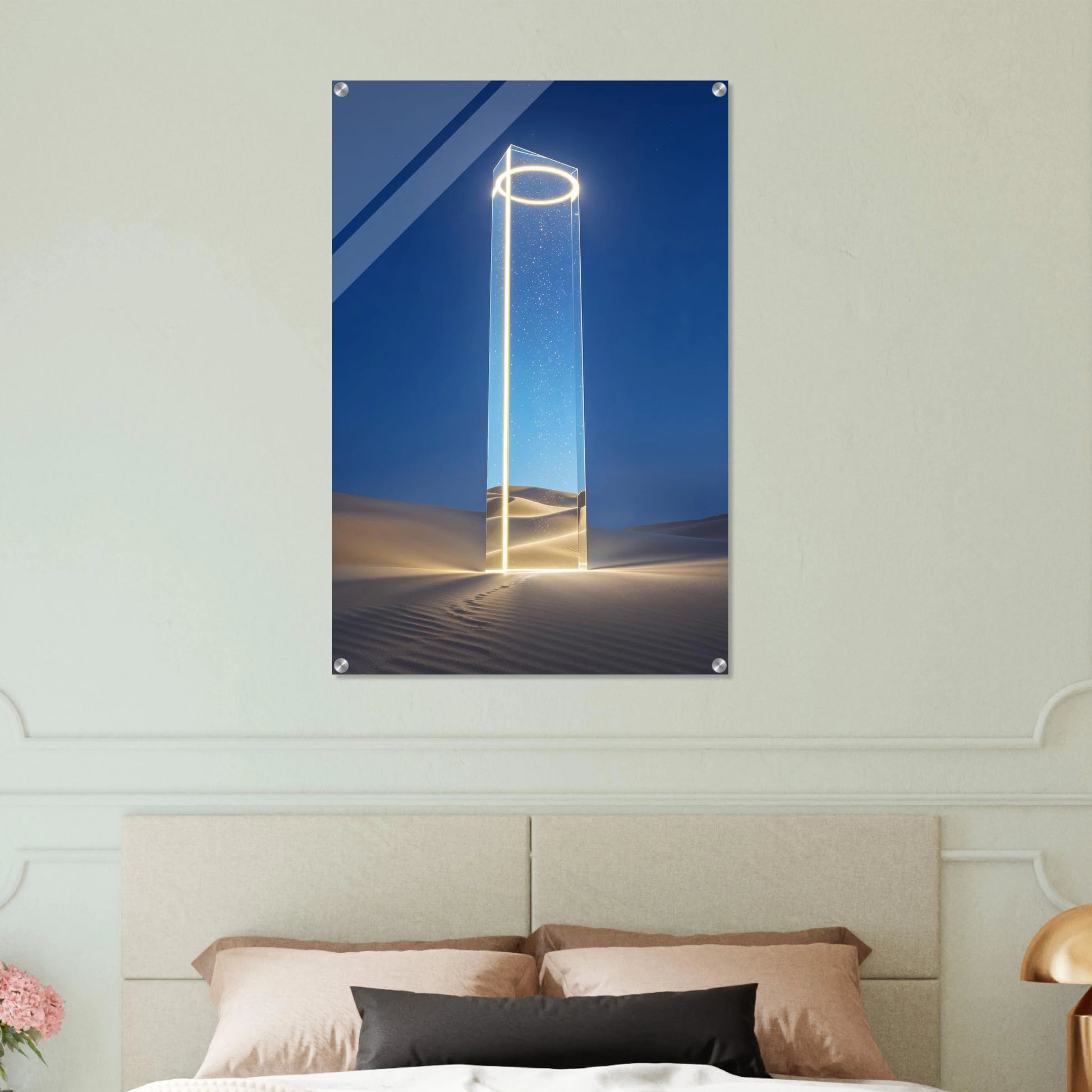 Decorative wall art of a futuristic portal in a bedroom setting