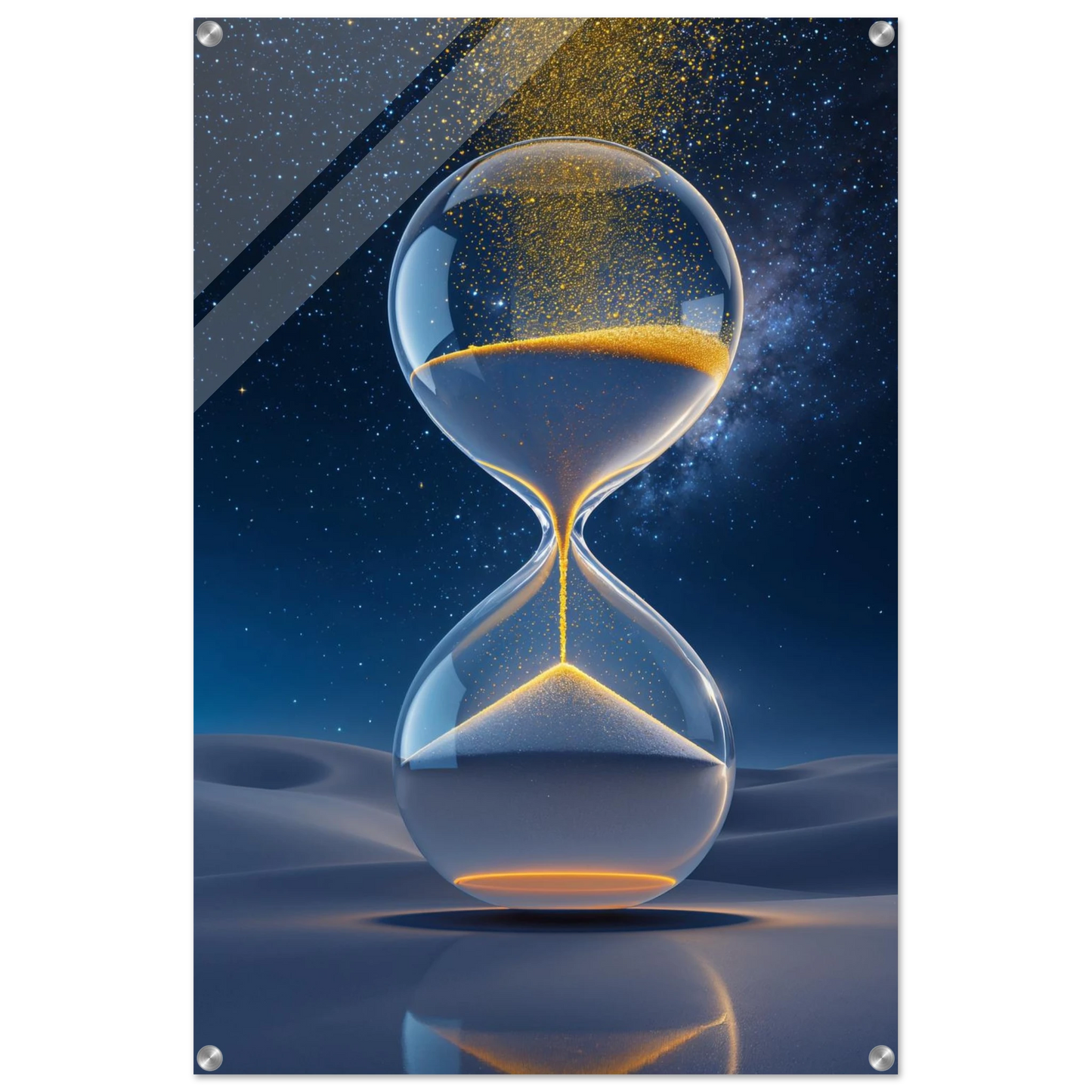 Hourglass with sand running between two bulbs against a starry night sky