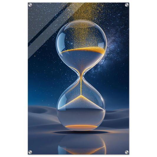 Hourglass with sand running between two bulbs against a starry night sky