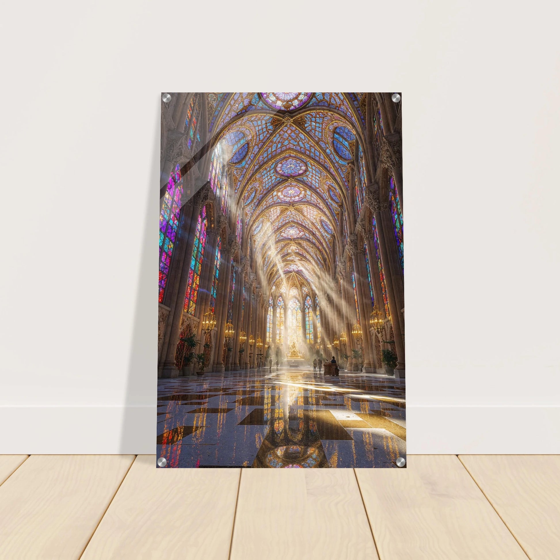 Poster of a cathedral with stained glass windows on a white wall.