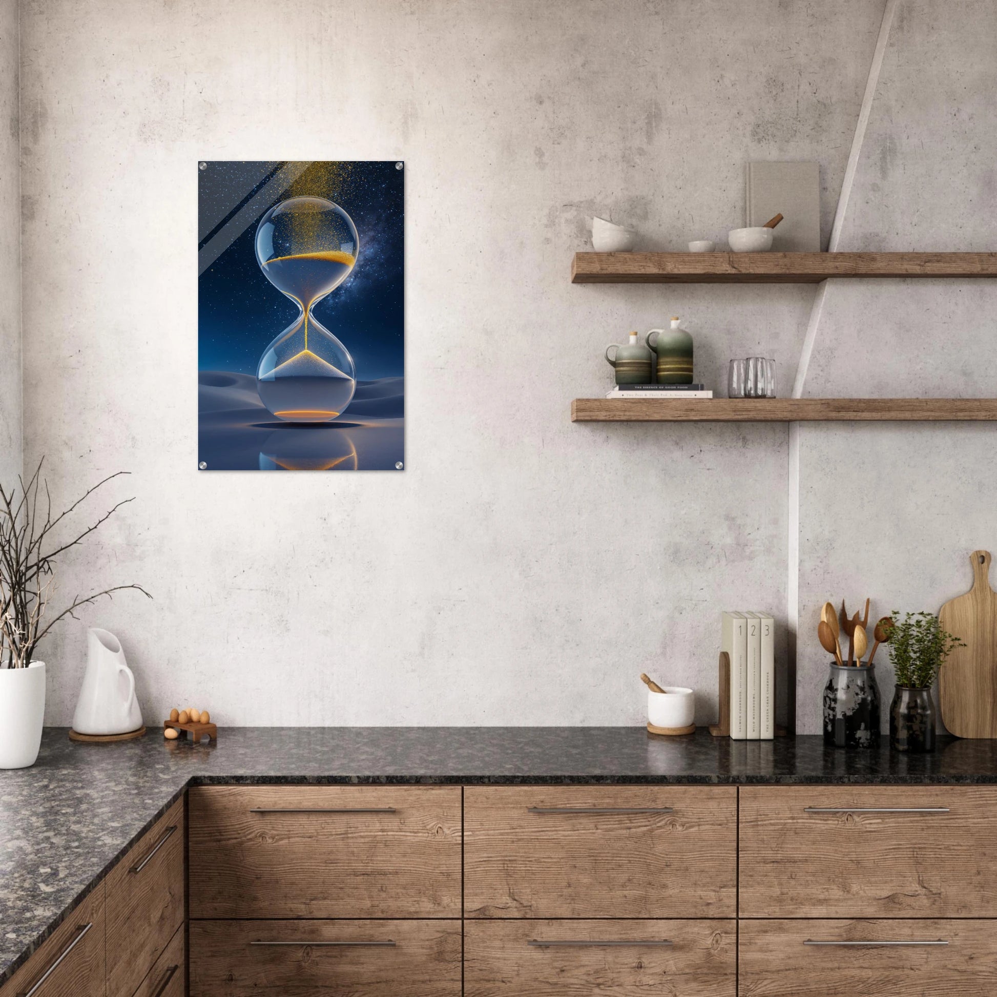 Modern kitchen with a wall art piece of an hourglass design.
