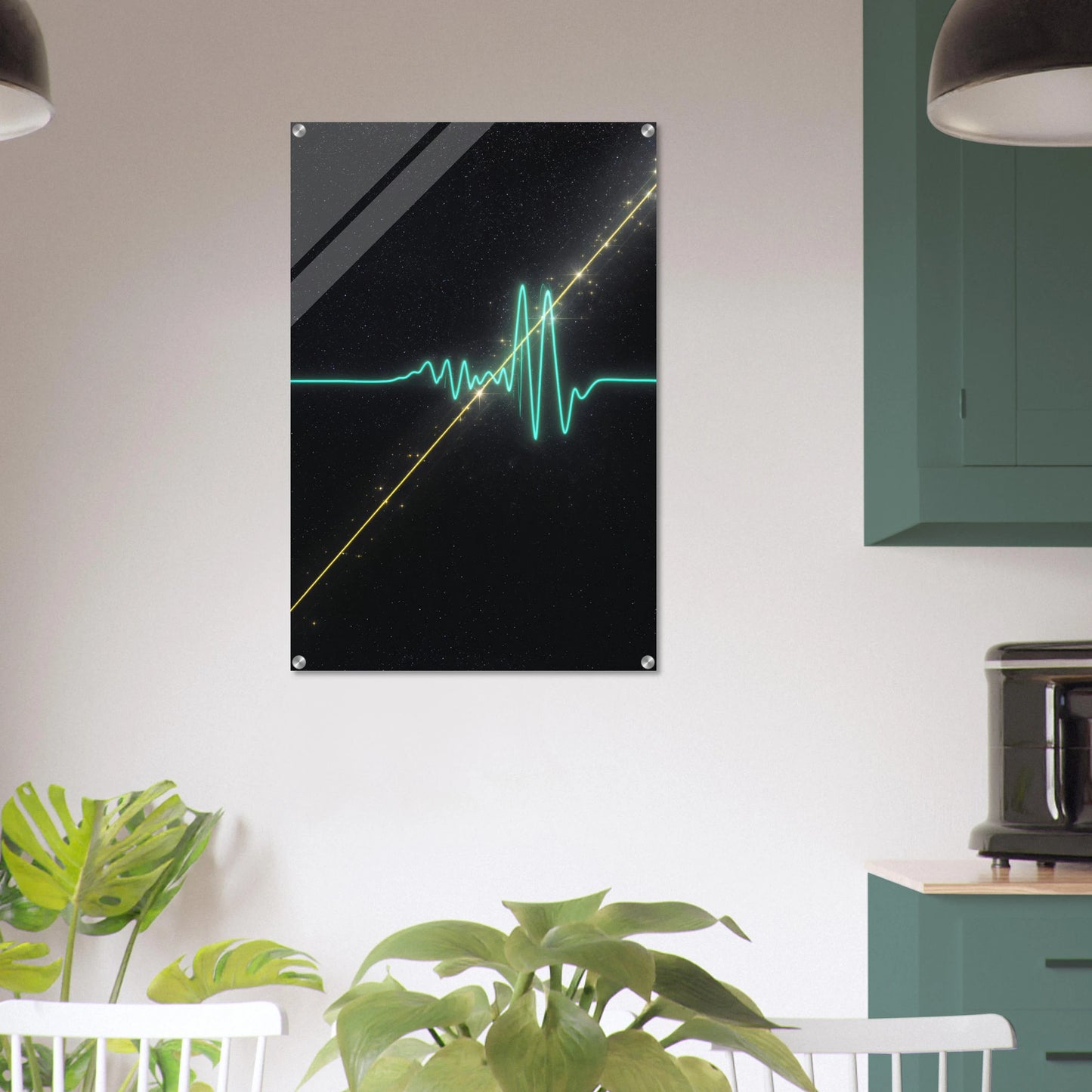 Modern interior with a wall-mounted abstract art piece featuring green and yellow lines.