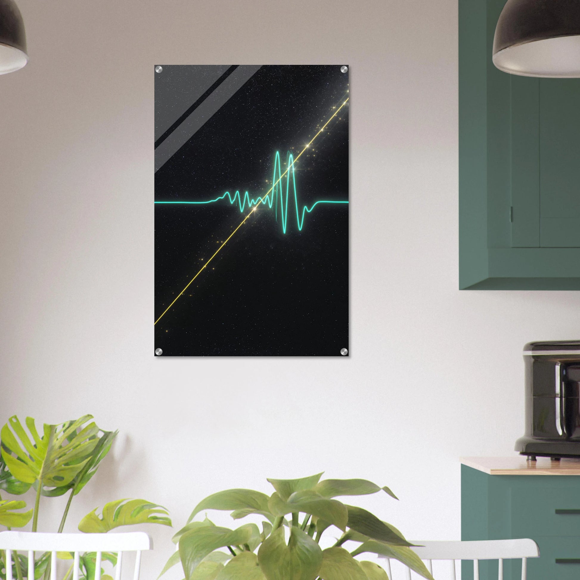 Modern interior with a wall-mounted abstract art piece featuring green and yellow lines.