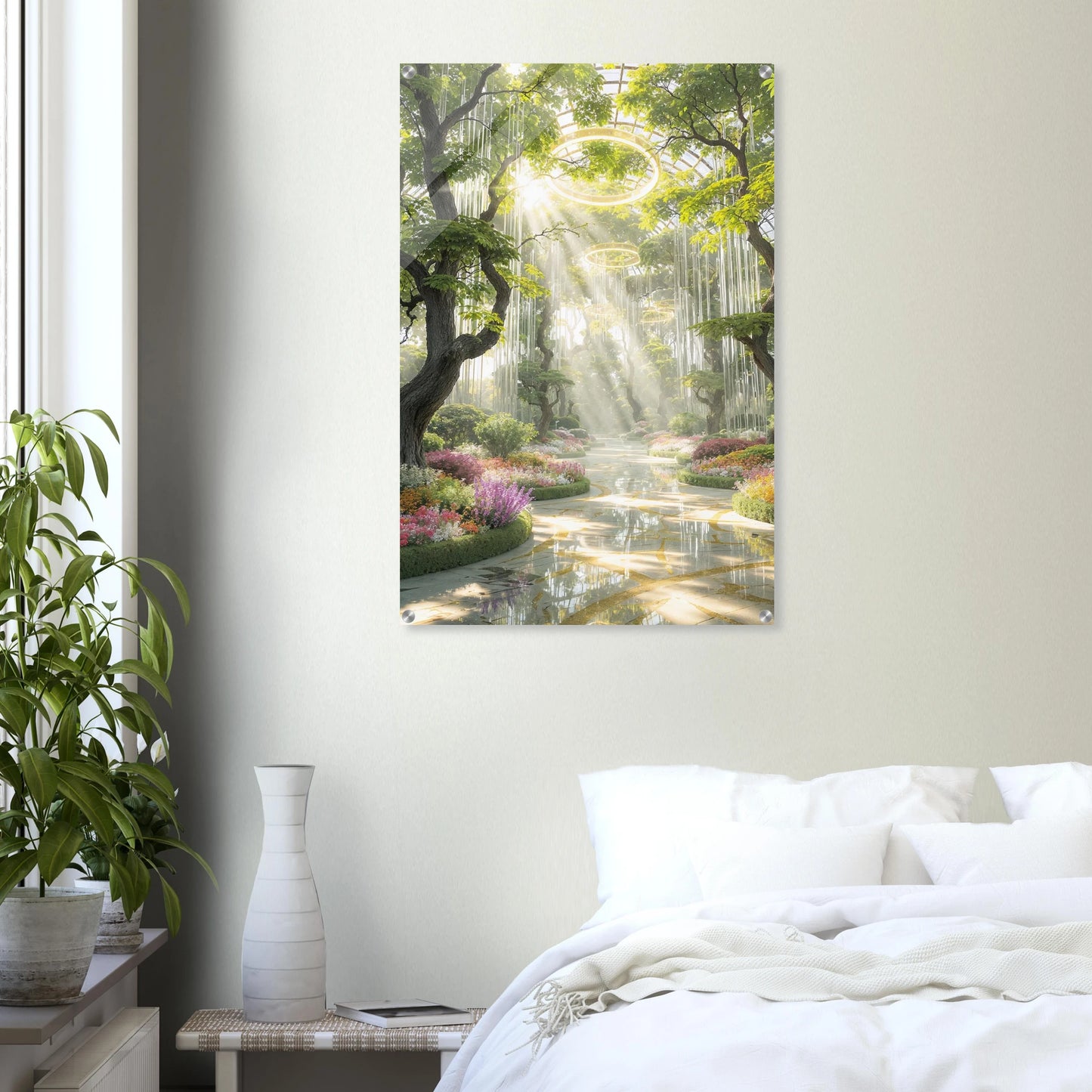 Canvas print of a serene forest scene with sunlight filtering through trees, hanging above a bed in a bedroom.
