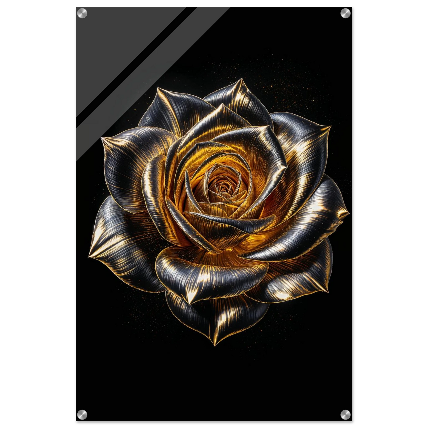Metallic rose design on a black background