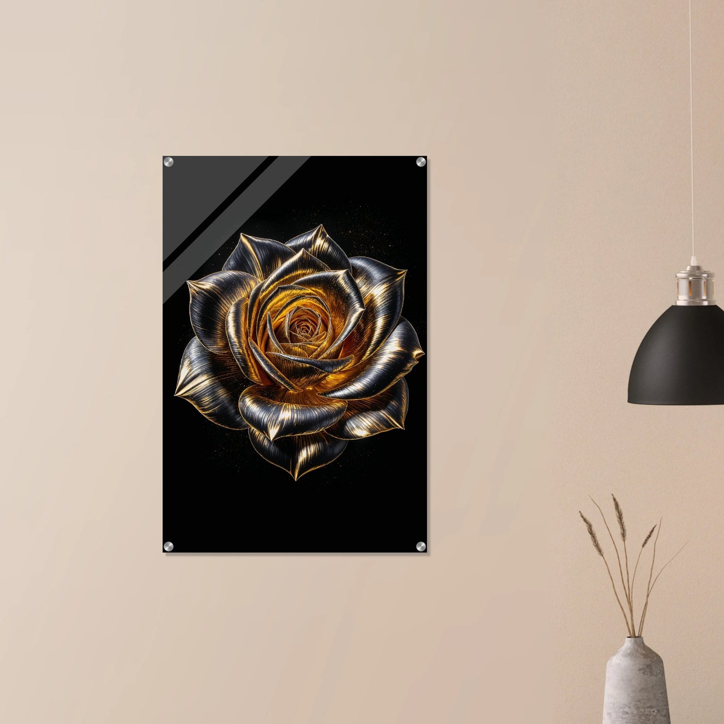 Decorative metal wall art of a rose on a beige wall with a modern light fixture.