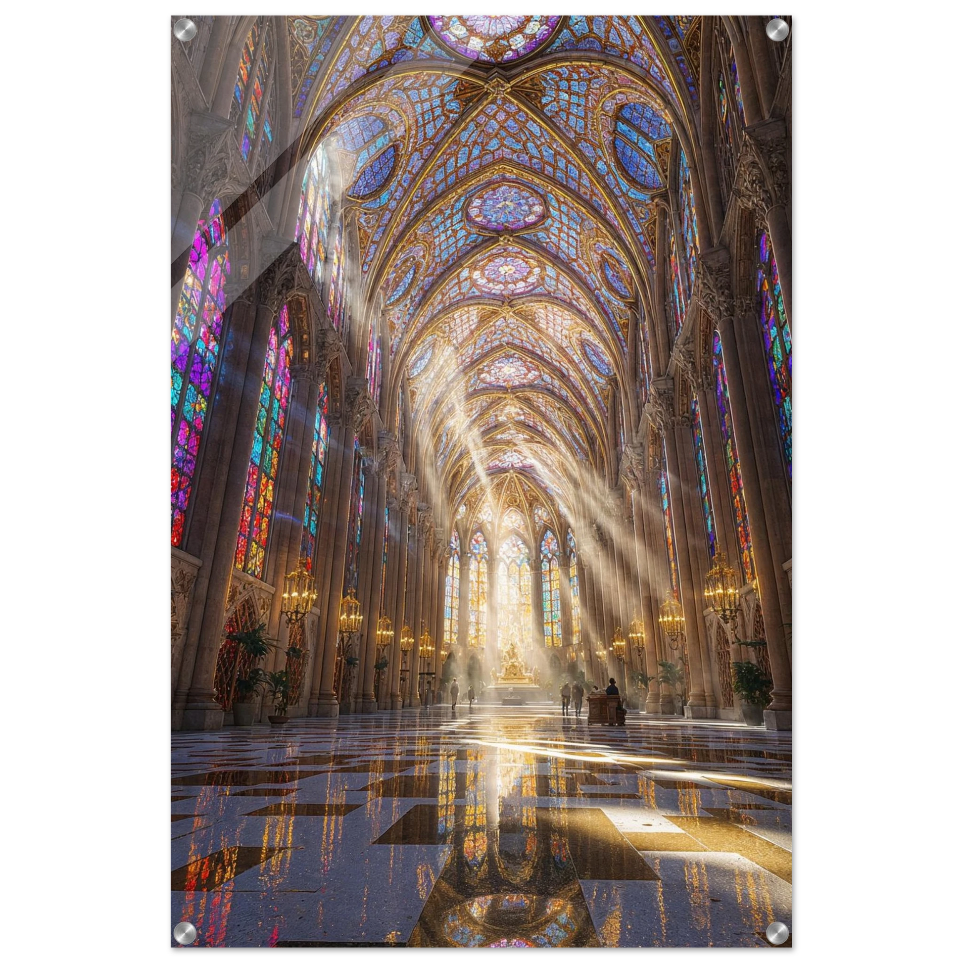 Stained glass windows in a cathedral with sunlight streaming through