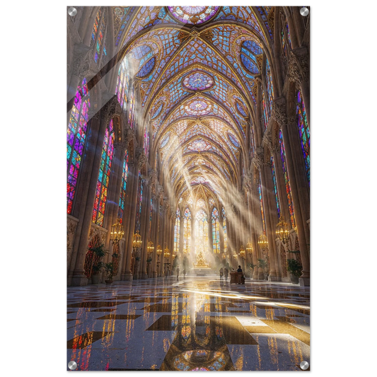 Stained glass windows in a cathedral with sunlight streaming through