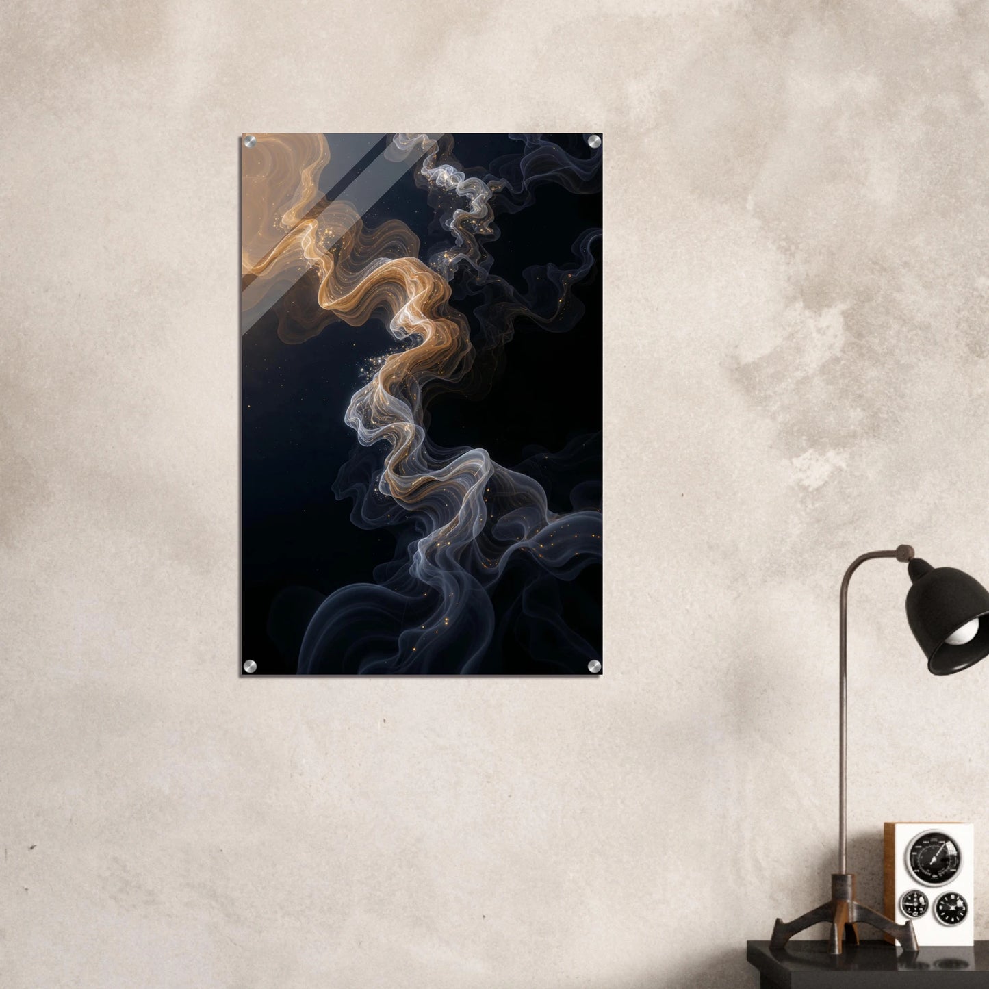 Abstract art print of swirling smoke or ink on a dark background, mounted on a textured wall.
