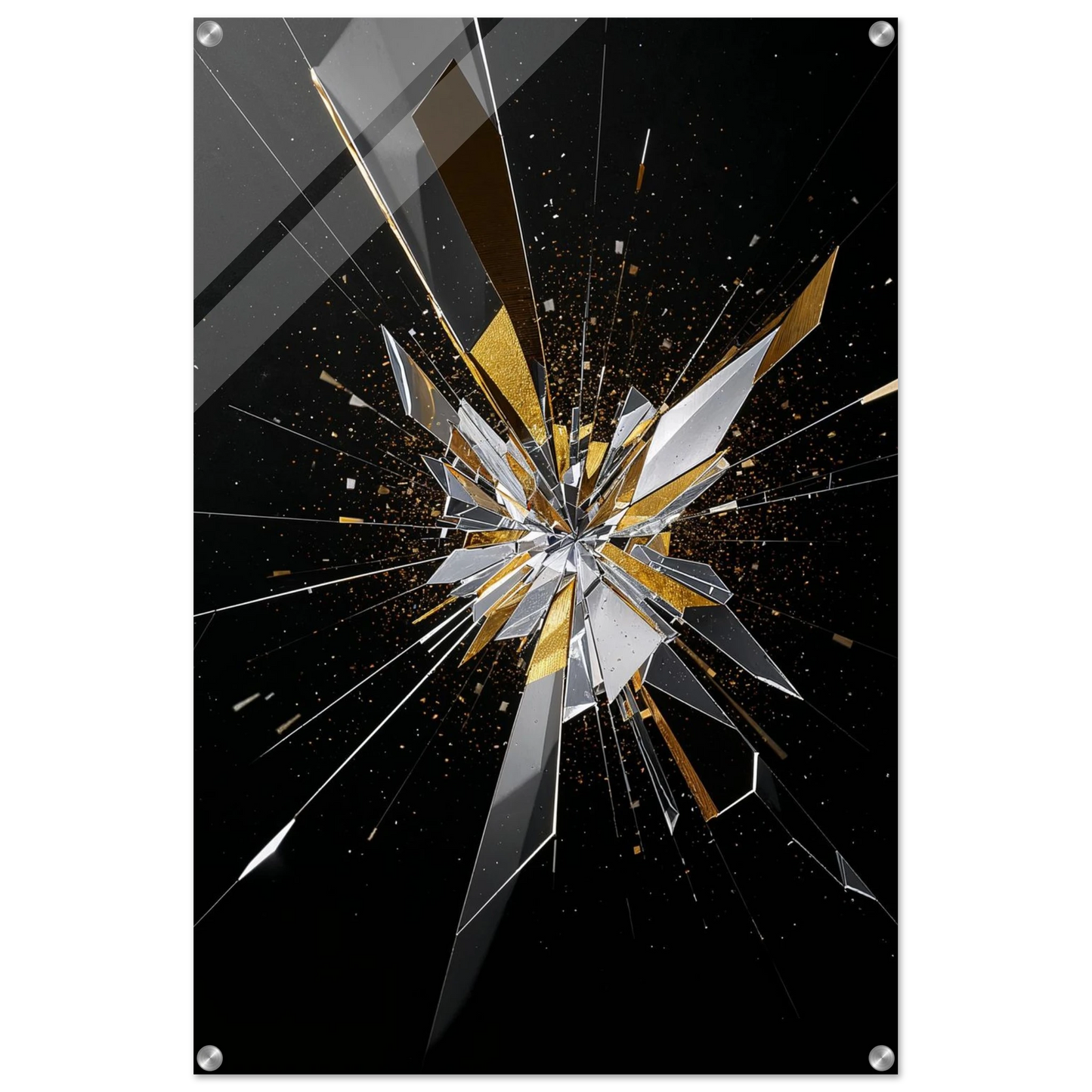 Shattered glass effect with gold and silver elements on a black background
