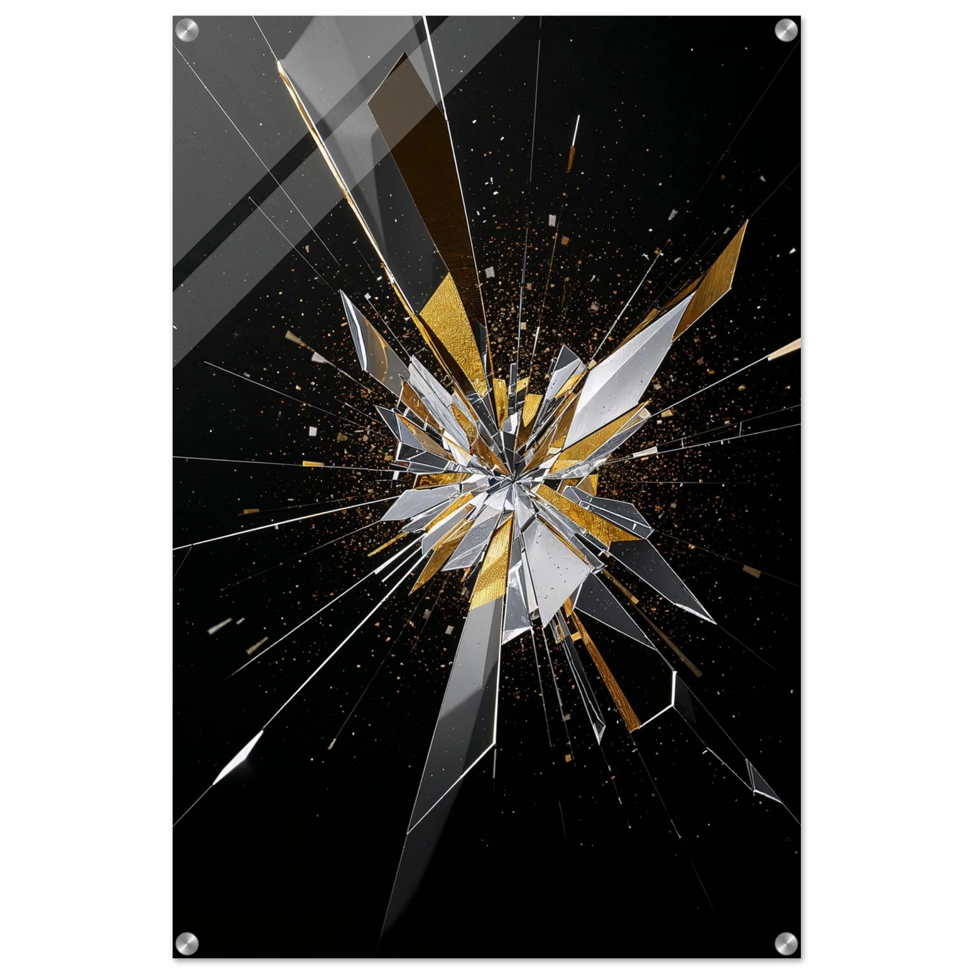 Shattered glass effect with gold and silver elements on a black background