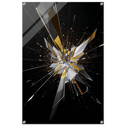 Shattered glass effect with gold and silver elements on a black background