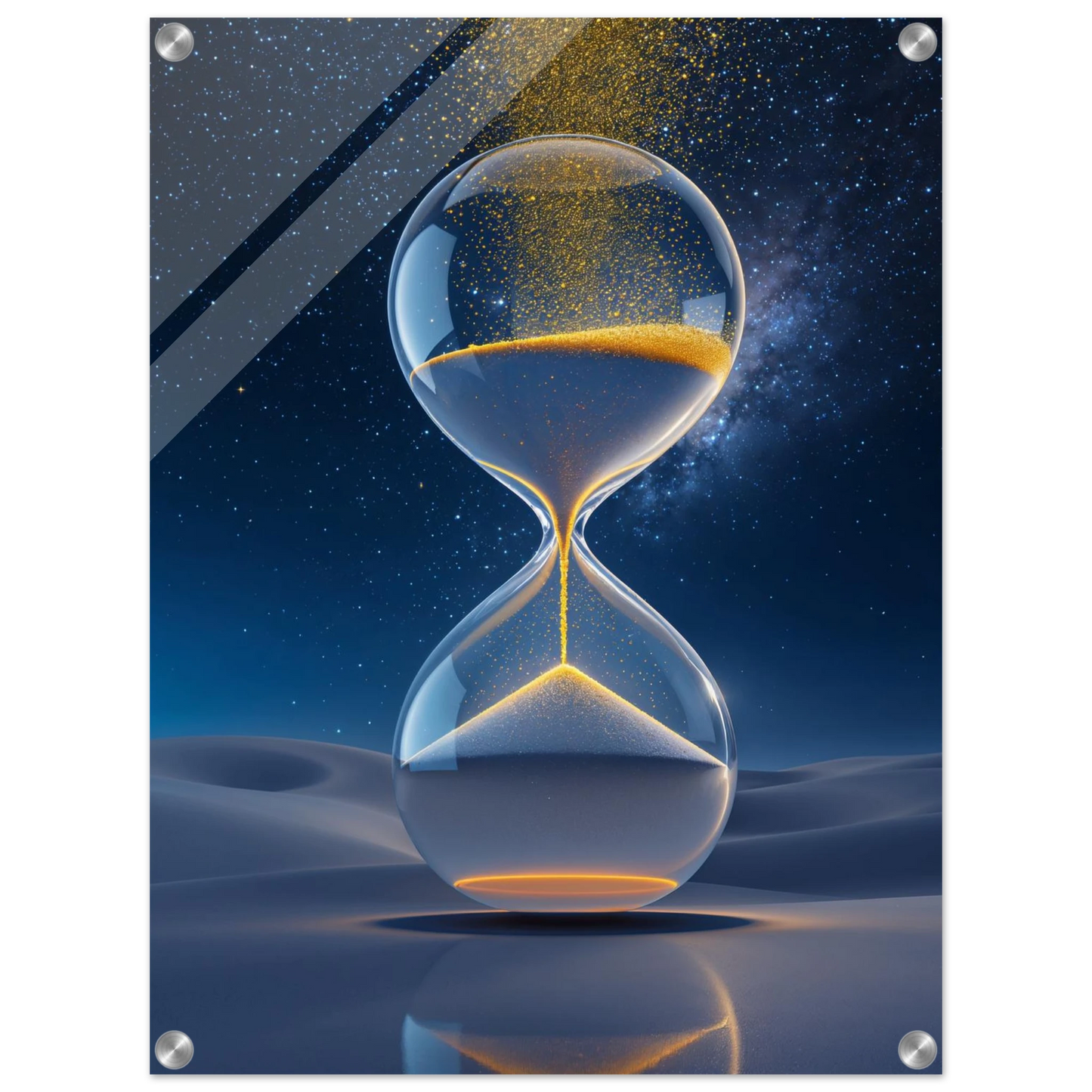 Hourglass with sand running between two bulbs against a starry night sky