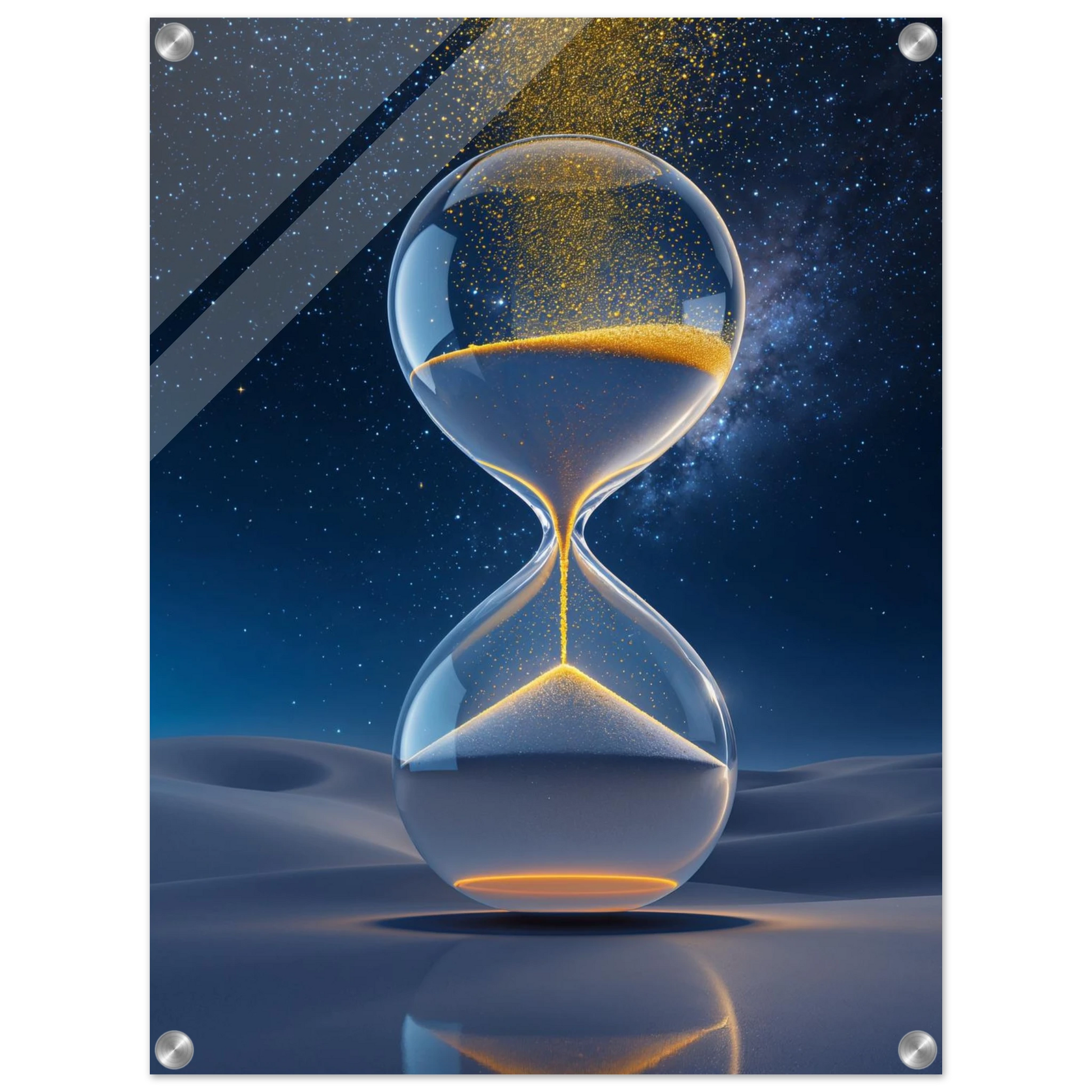 Hourglass with sand running between two bulbs against a starry night sky