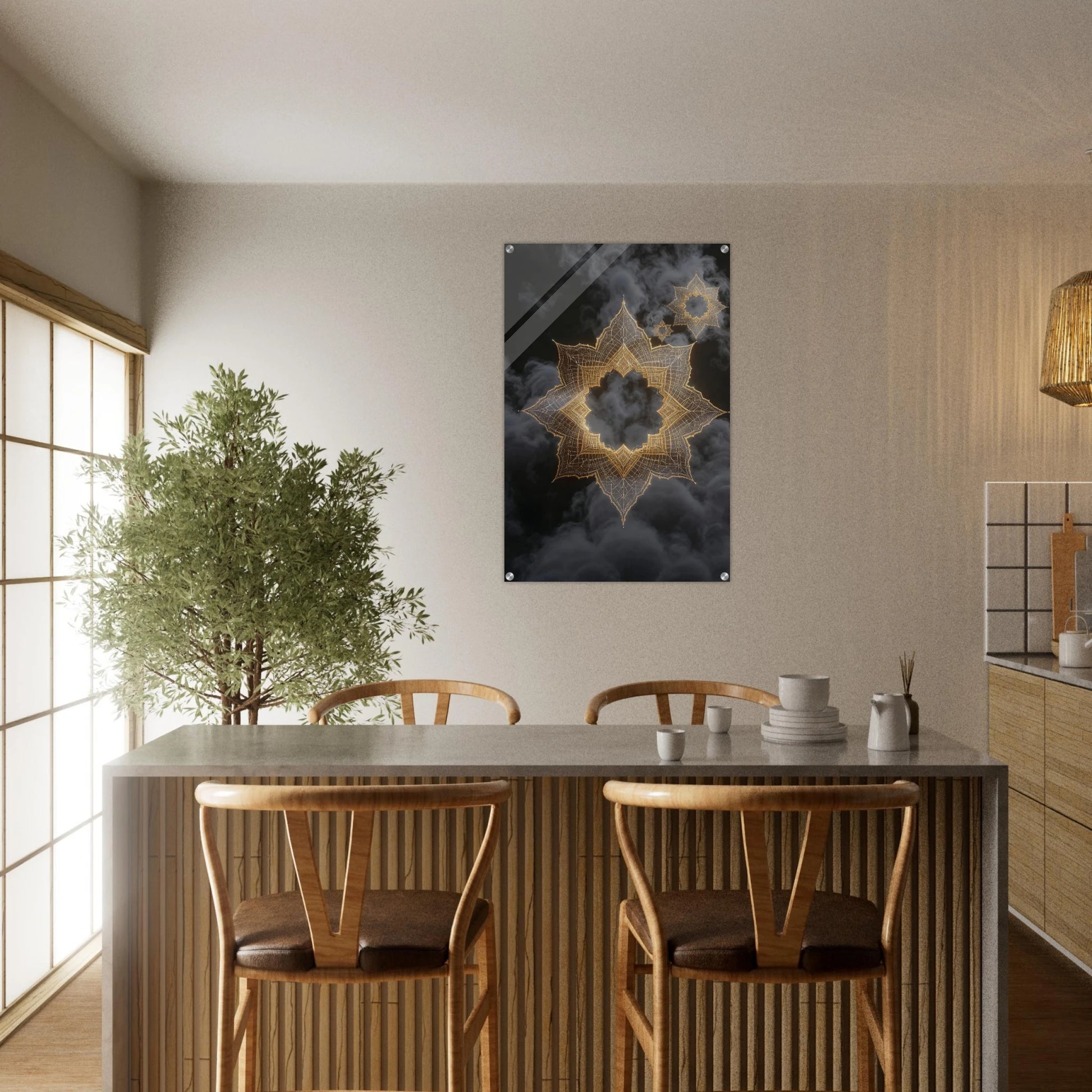 Dining area with a table and chairs, and a wall art piece above.