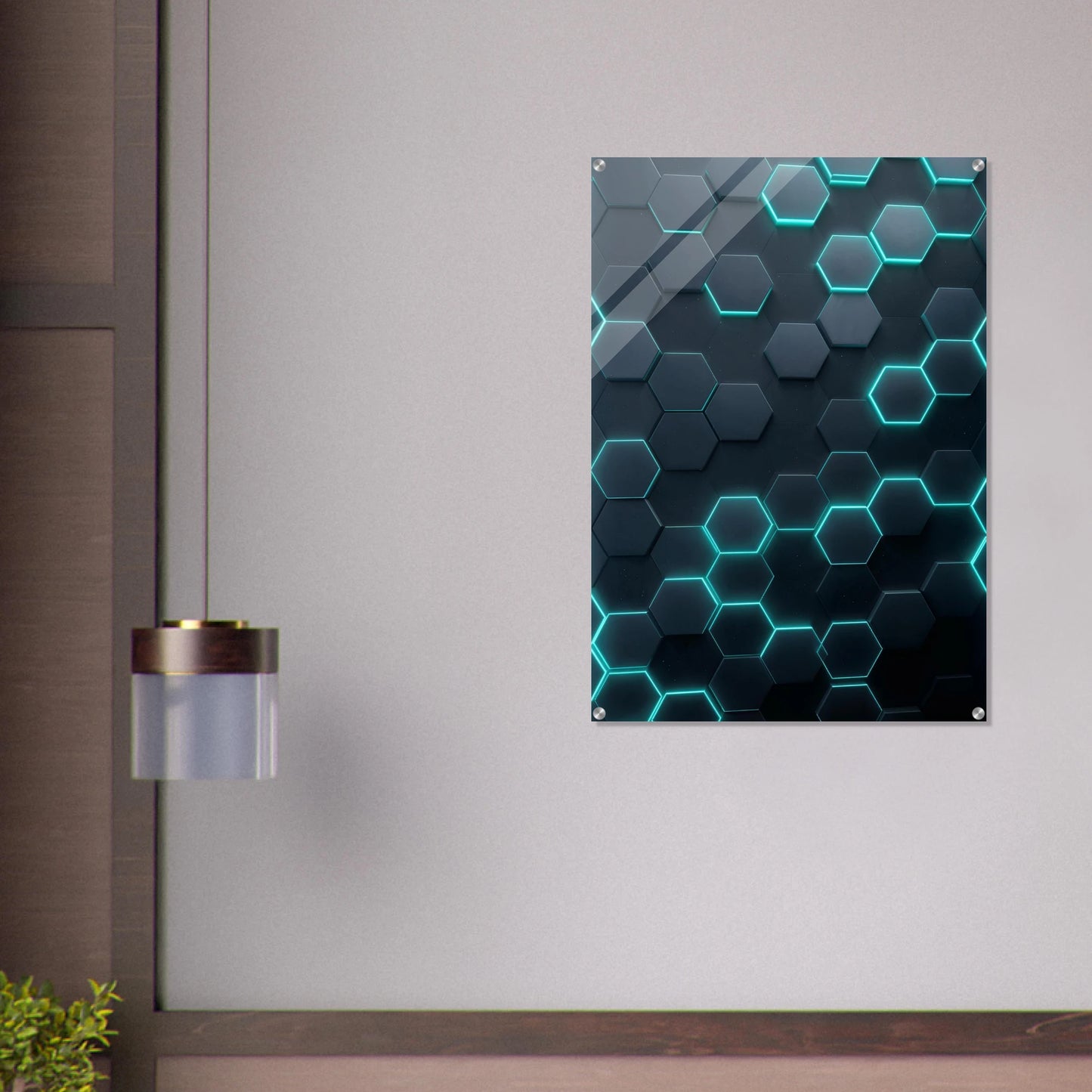 Geometric patterned wall art with neon lights on a plain wall.