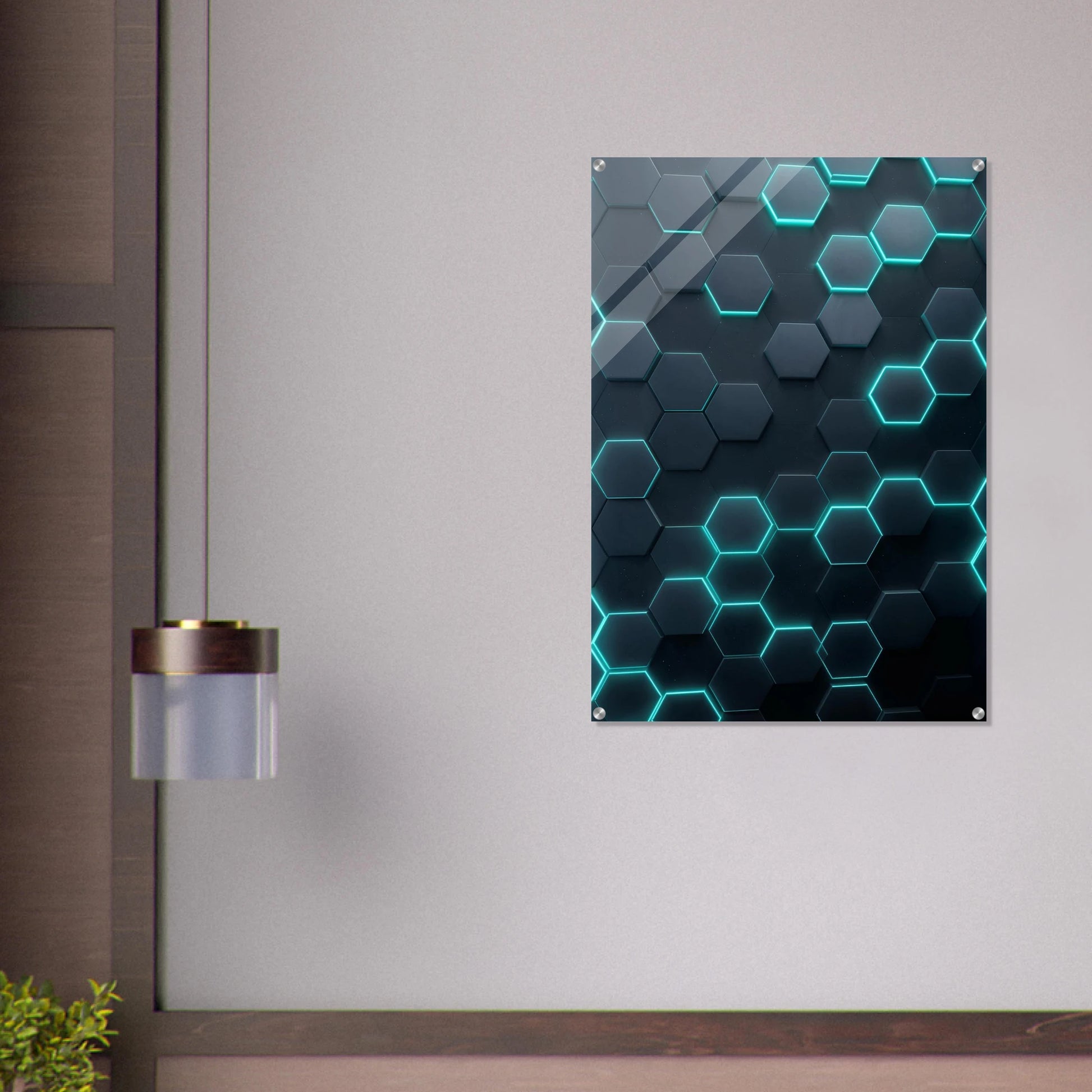 Geometric patterned wall art with neon lights on a plain wall.