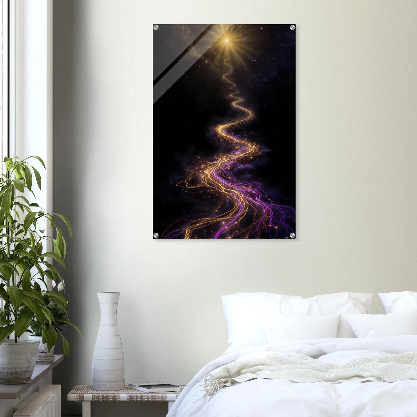 Abstract art print of a starry night sky with a wavy light trail on a wall above a bed.