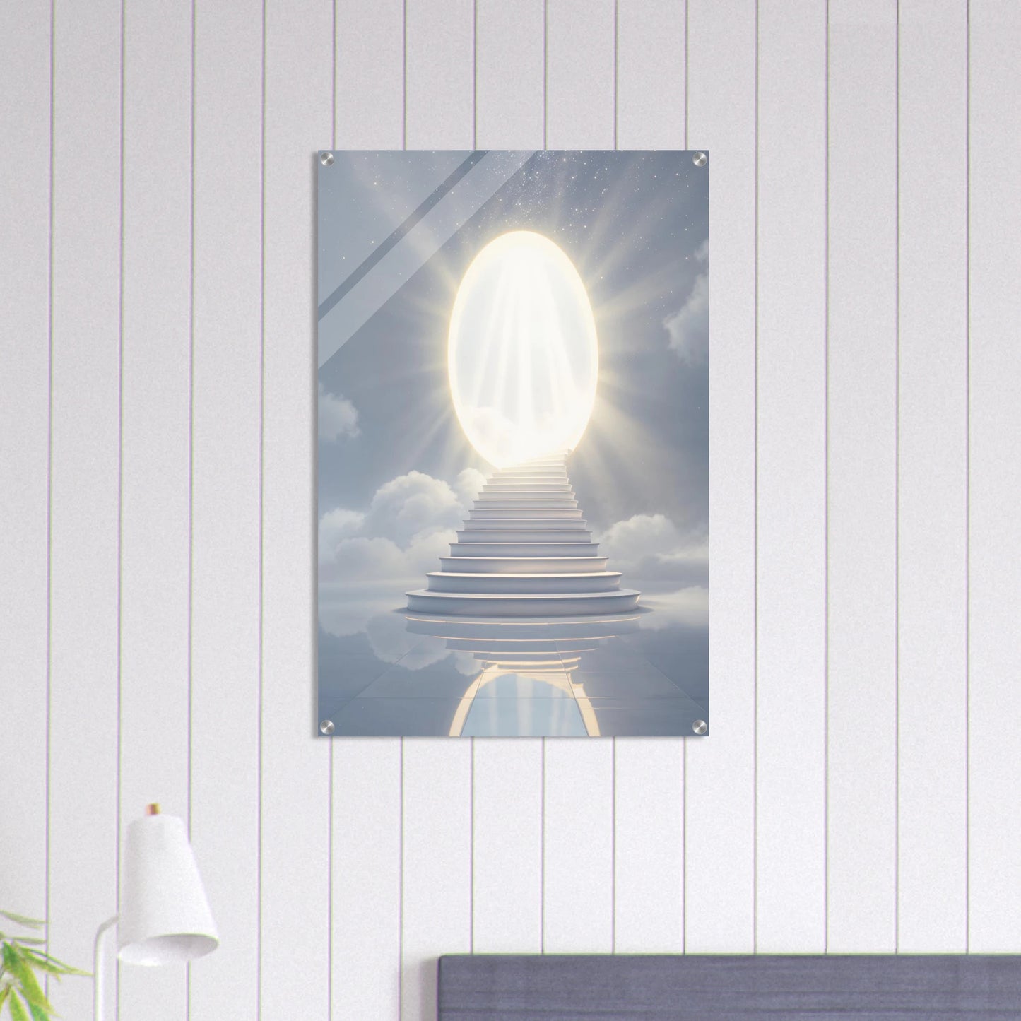 Stylized artwork of a staircase leading to a bright light source on a white paneled wall.