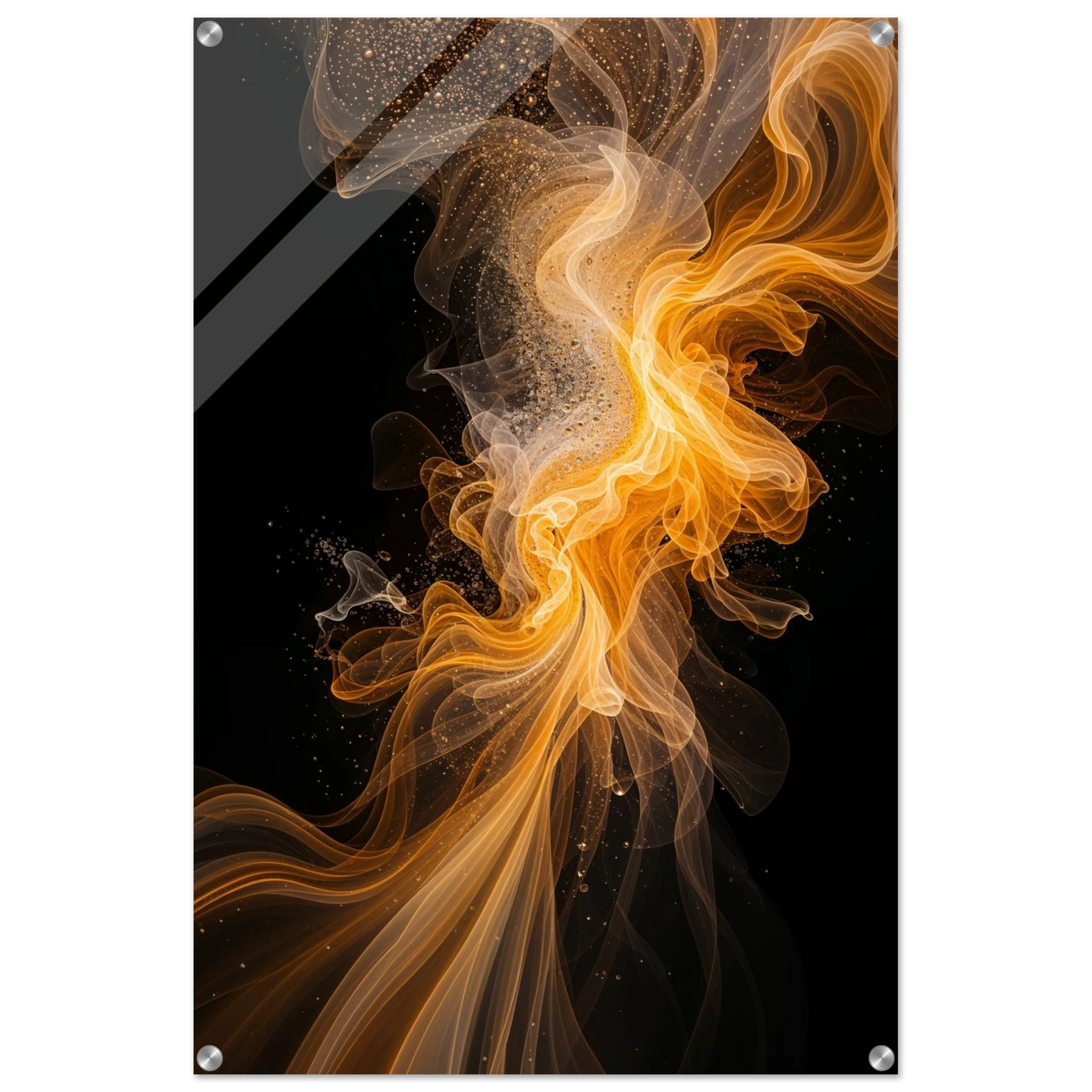 Abstract art print with orange and yellow smoke-like design on a black background