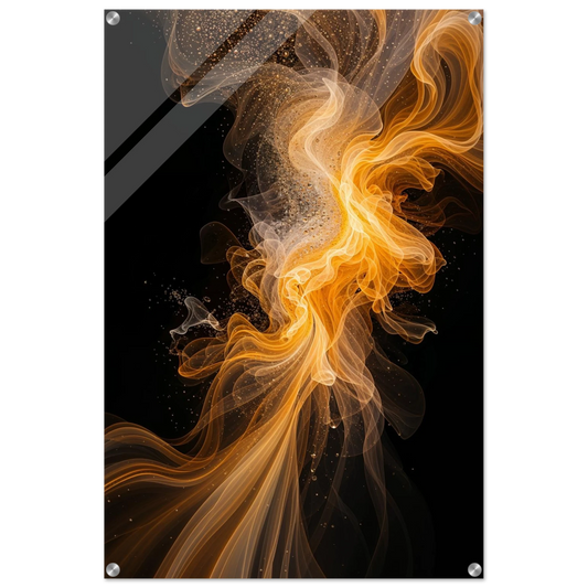 Abstract art print with orange and yellow smoke-like design on a black background