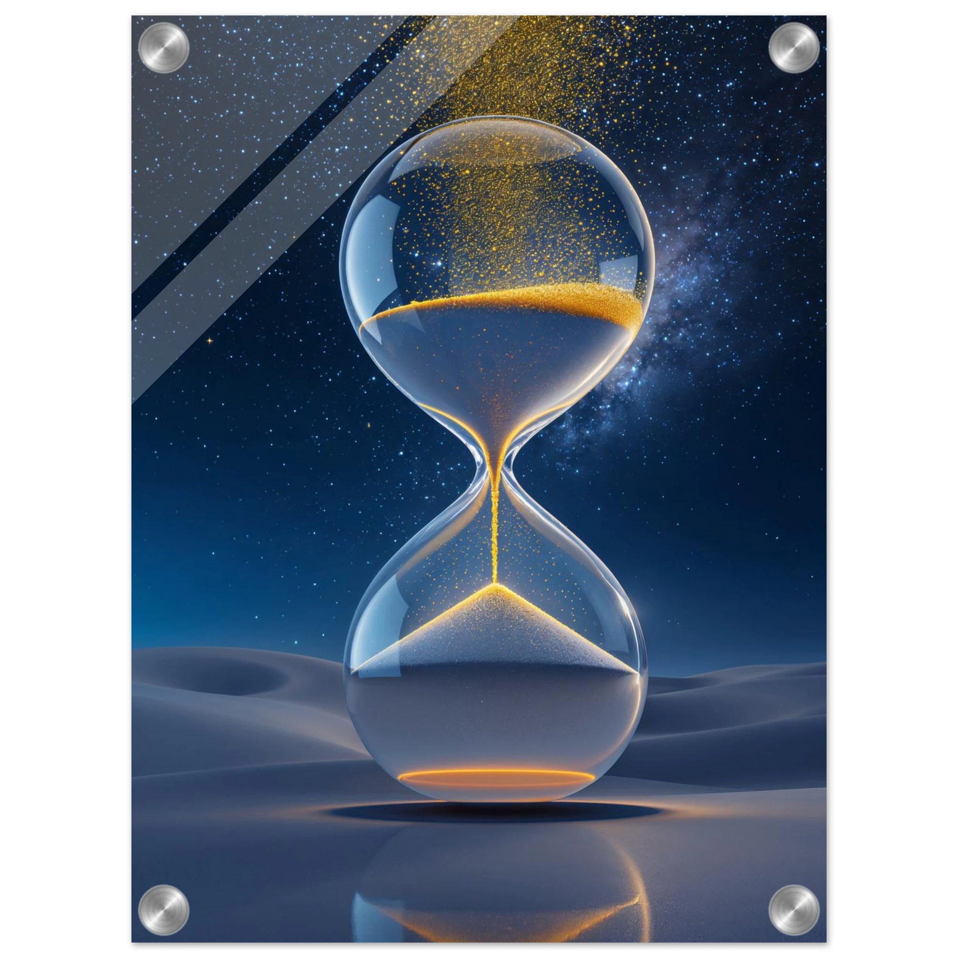 Hourglass with sand running between two bulbs against a starry night sky