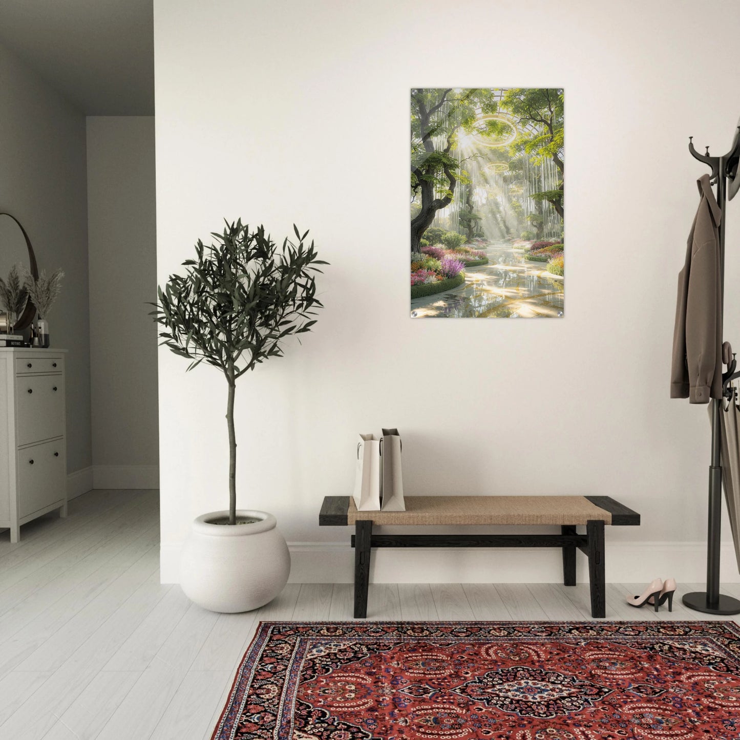 Modern interior with a bench, plant, and wall art of a garden scene.