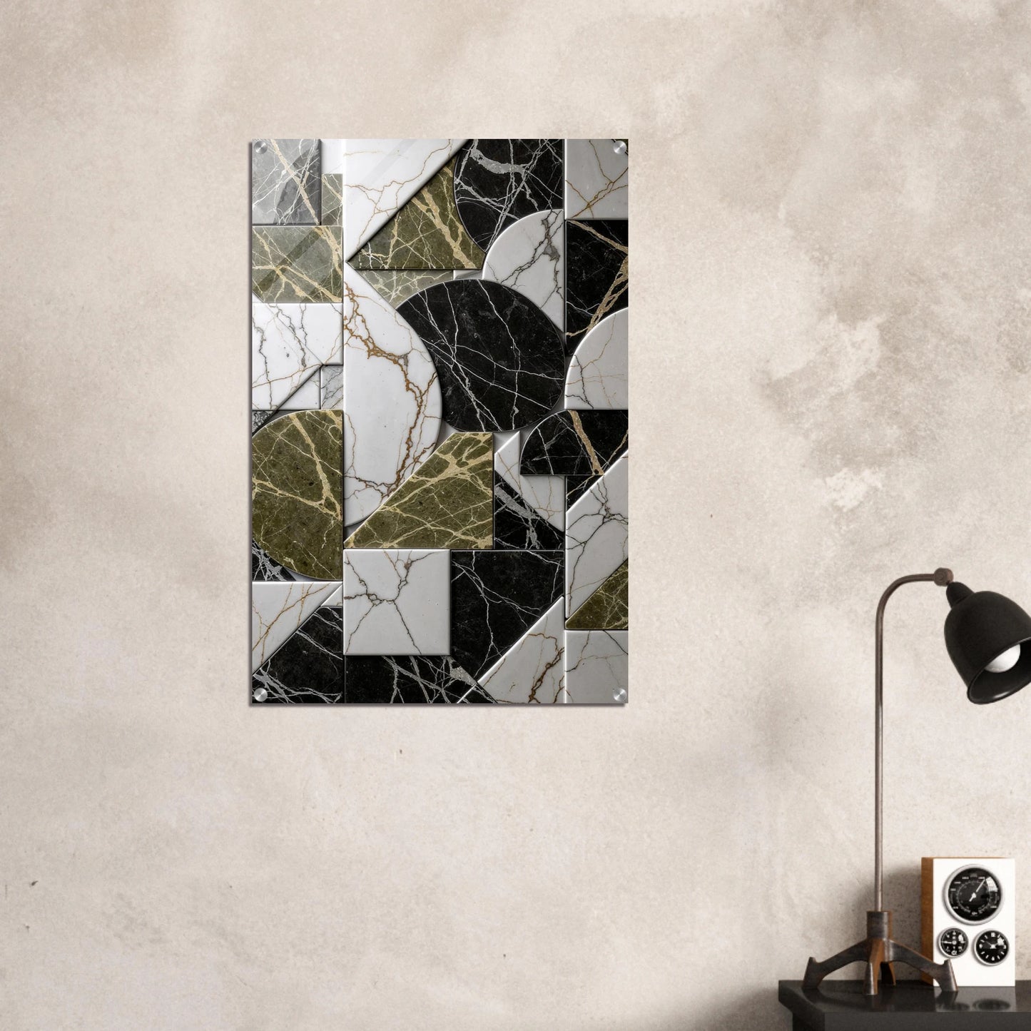 Abstract geometric wall art on a textured wall with a lamp and clock in the corner.