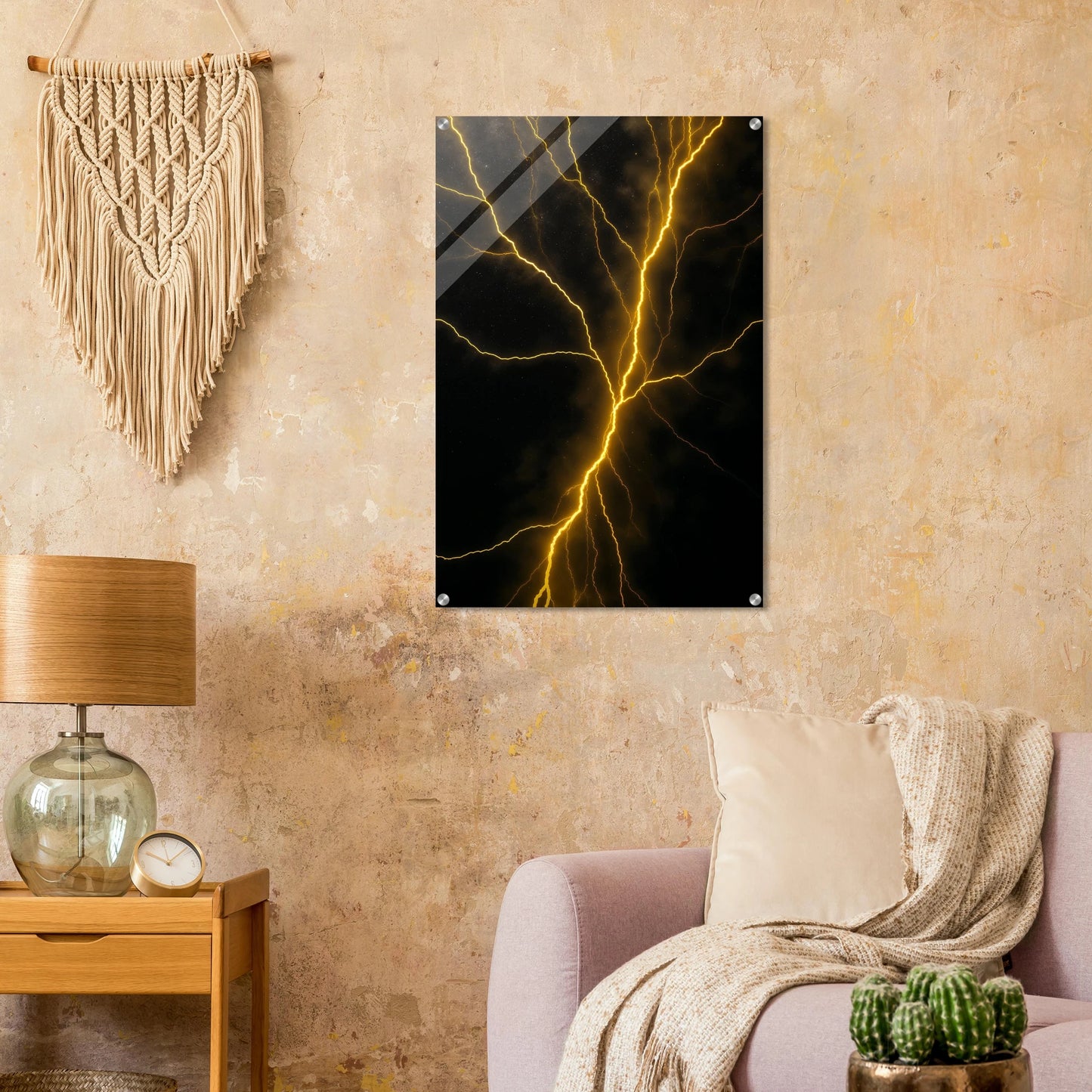 Living room with a wall art piece of abstract lightning design, lamp, and plants.