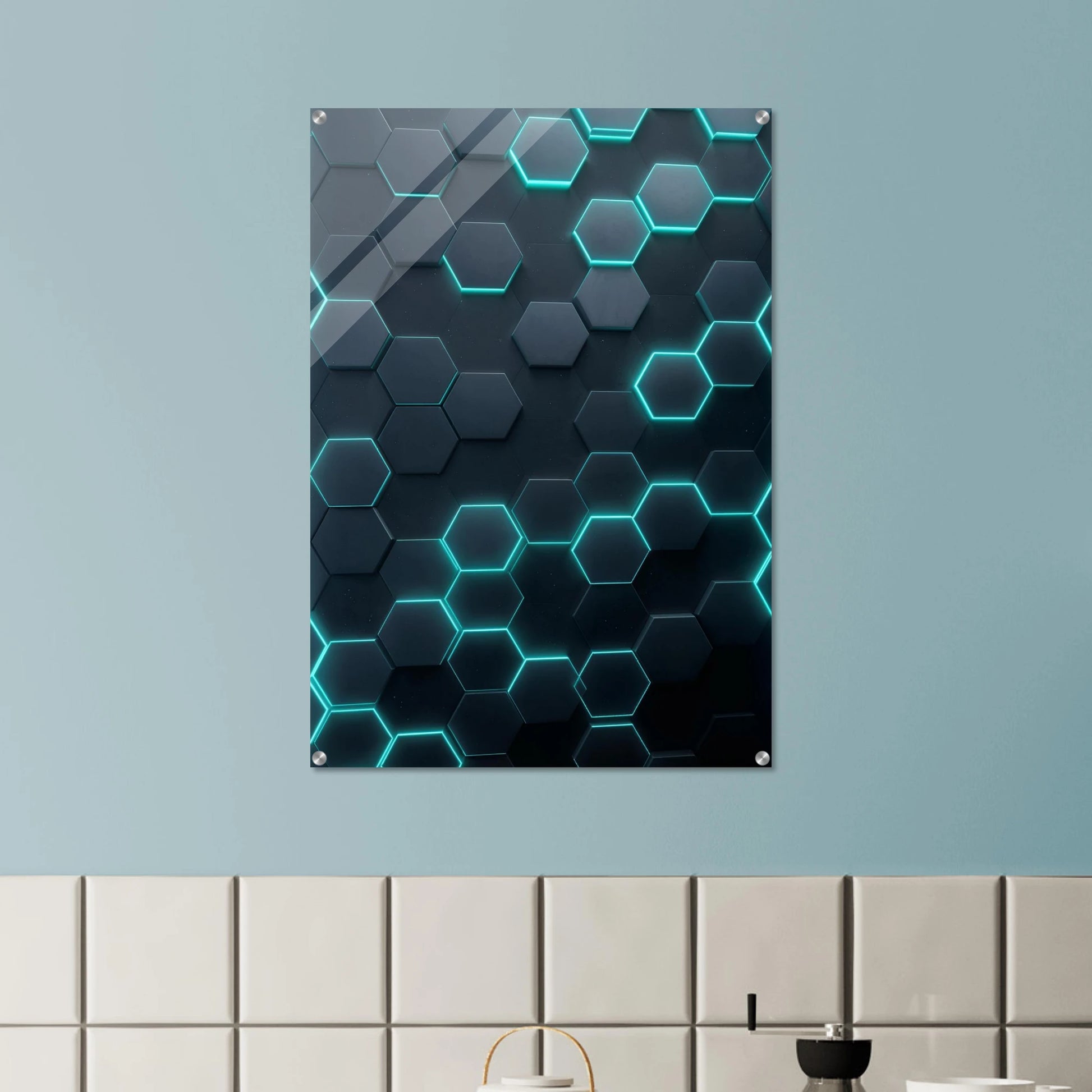 Geometric hexagonal pattern wall art on a light blue wall