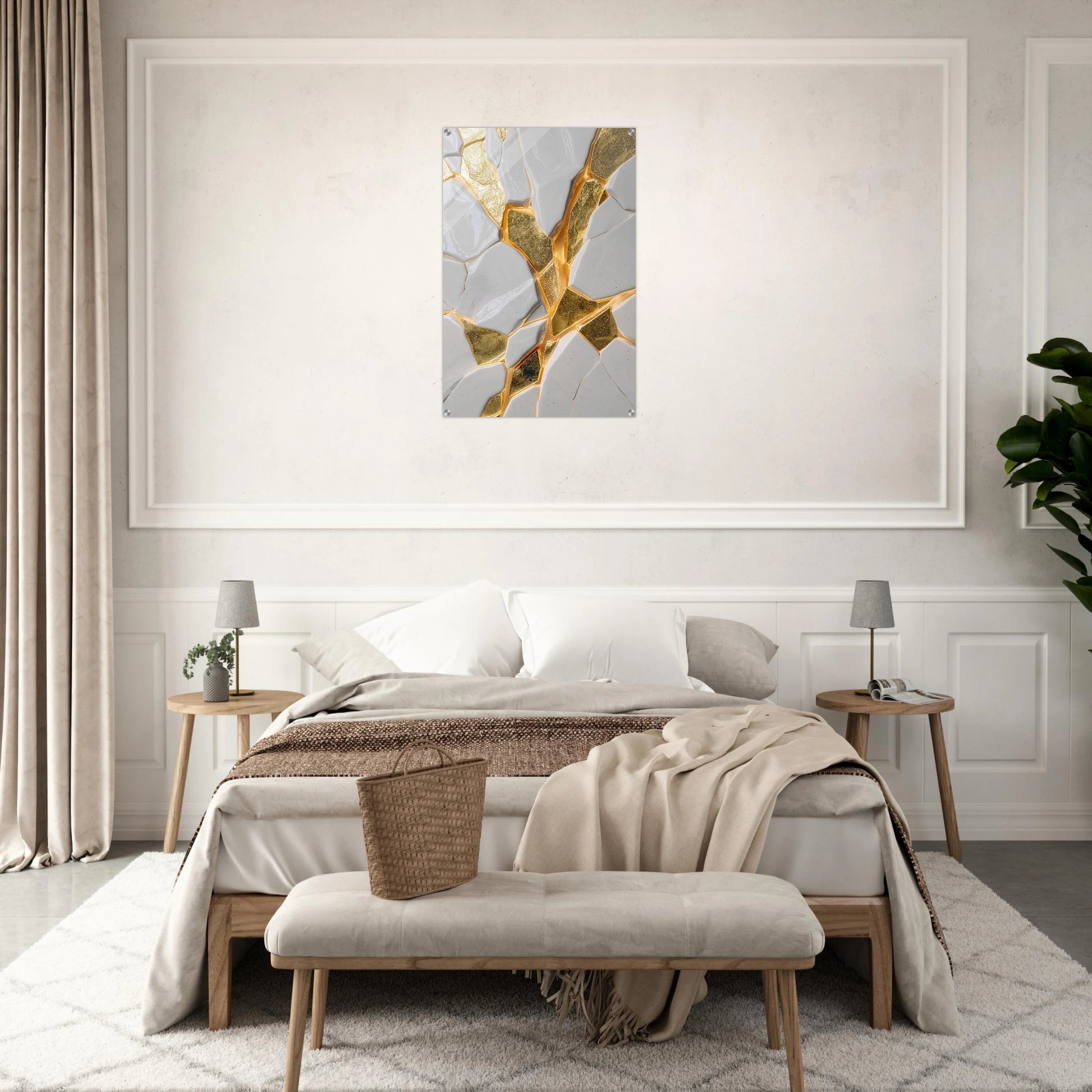 Modern bedroom with abstract art on the wall
