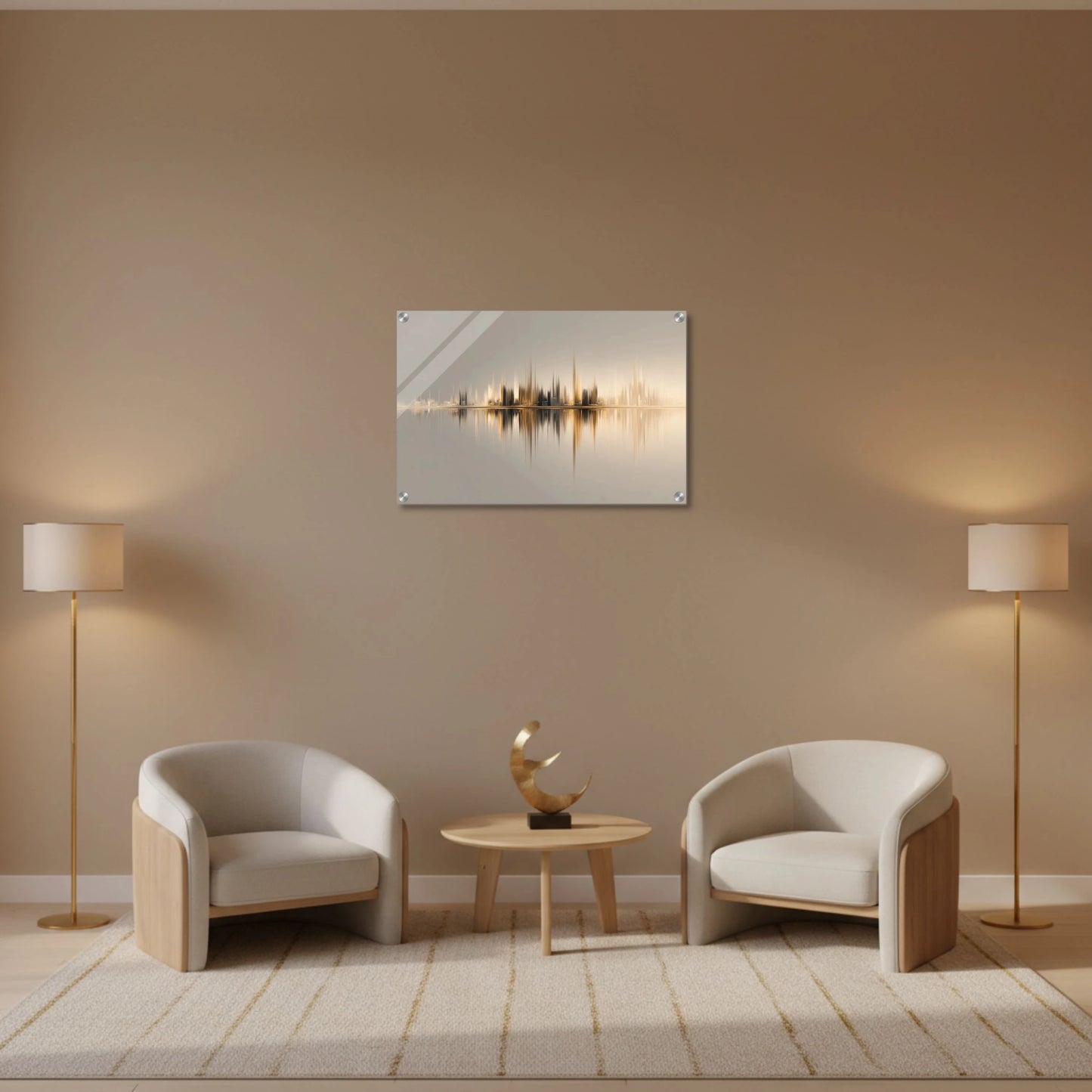 Modern living room with two armchairs, a side table, and a wall-mounted artwork.