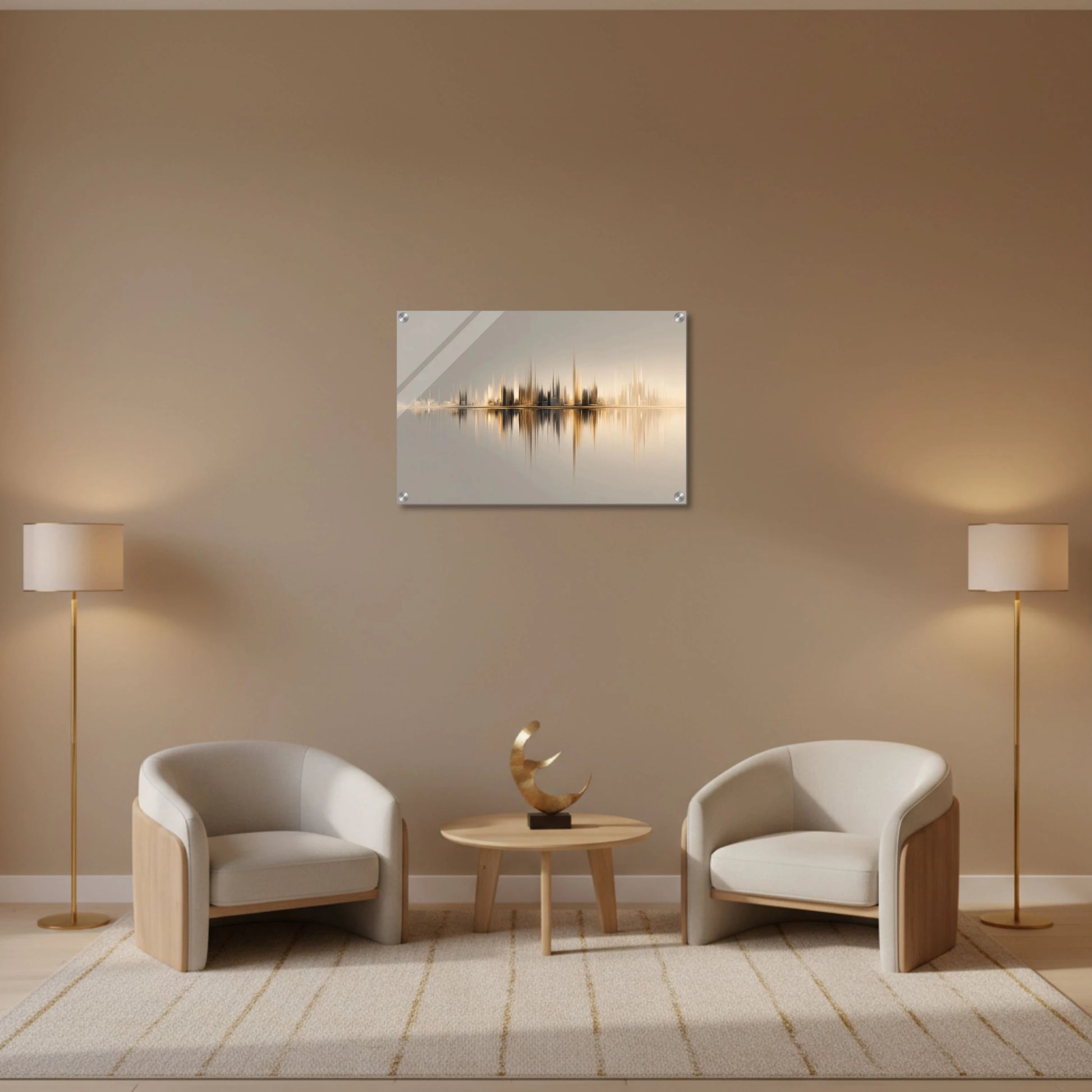 Modern living room with two armchairs, a side table, and a wall-mounted artwork.