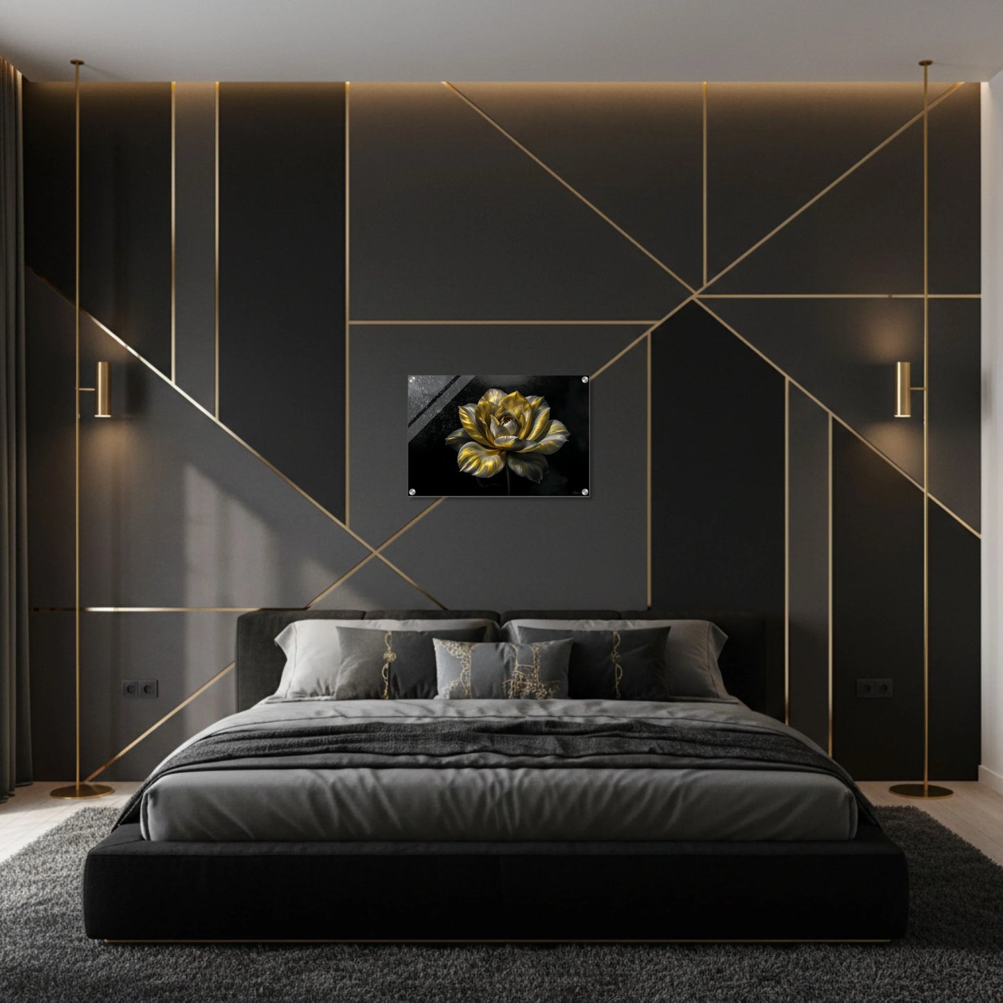 Gold & Charcoal Bloom – Acrylic Wall Art